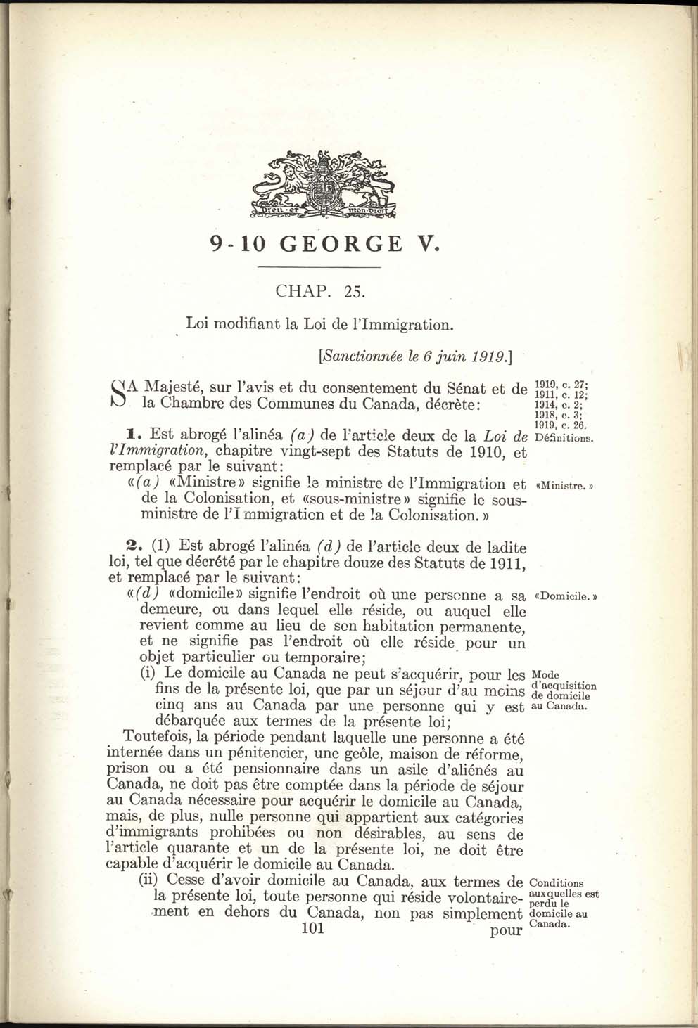 Chap. 25 Page 101 Loi de l’immigration amendement, 1919