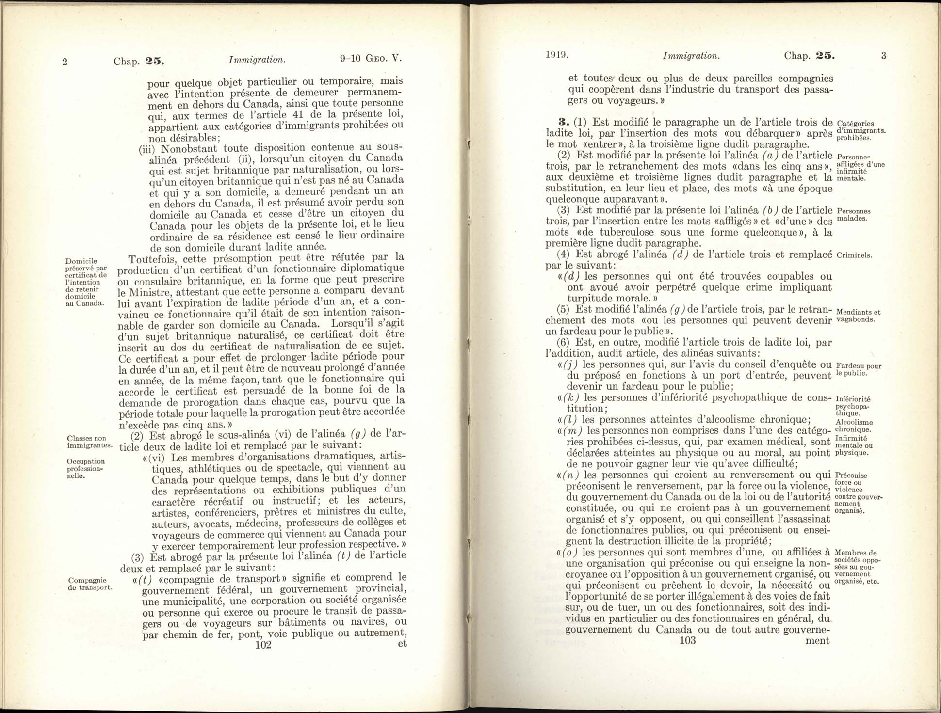 Page 102, 103 Loi de l’immigration amendement, 1919