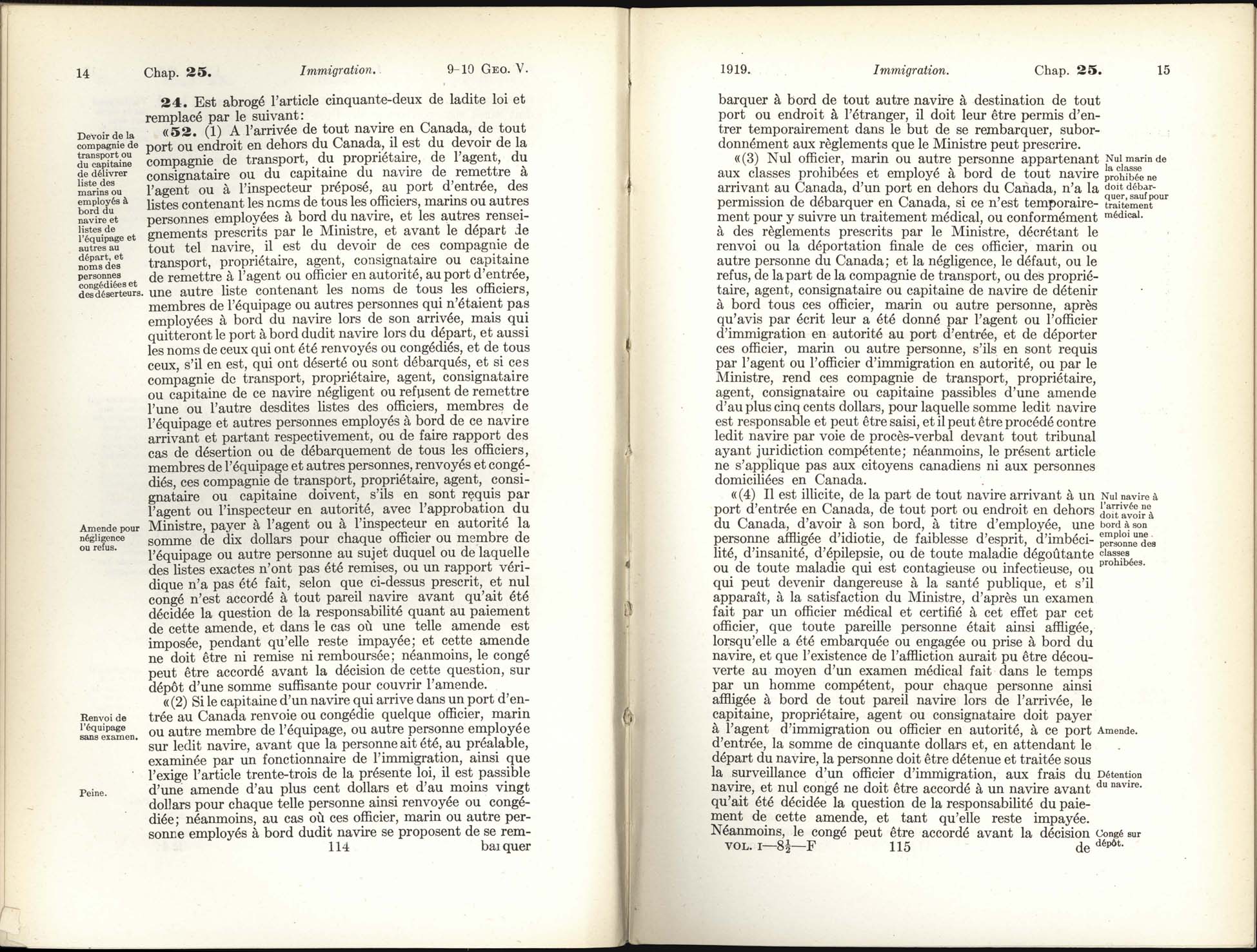 Page 114, 115 Loi de l’immigration amendement, 1919