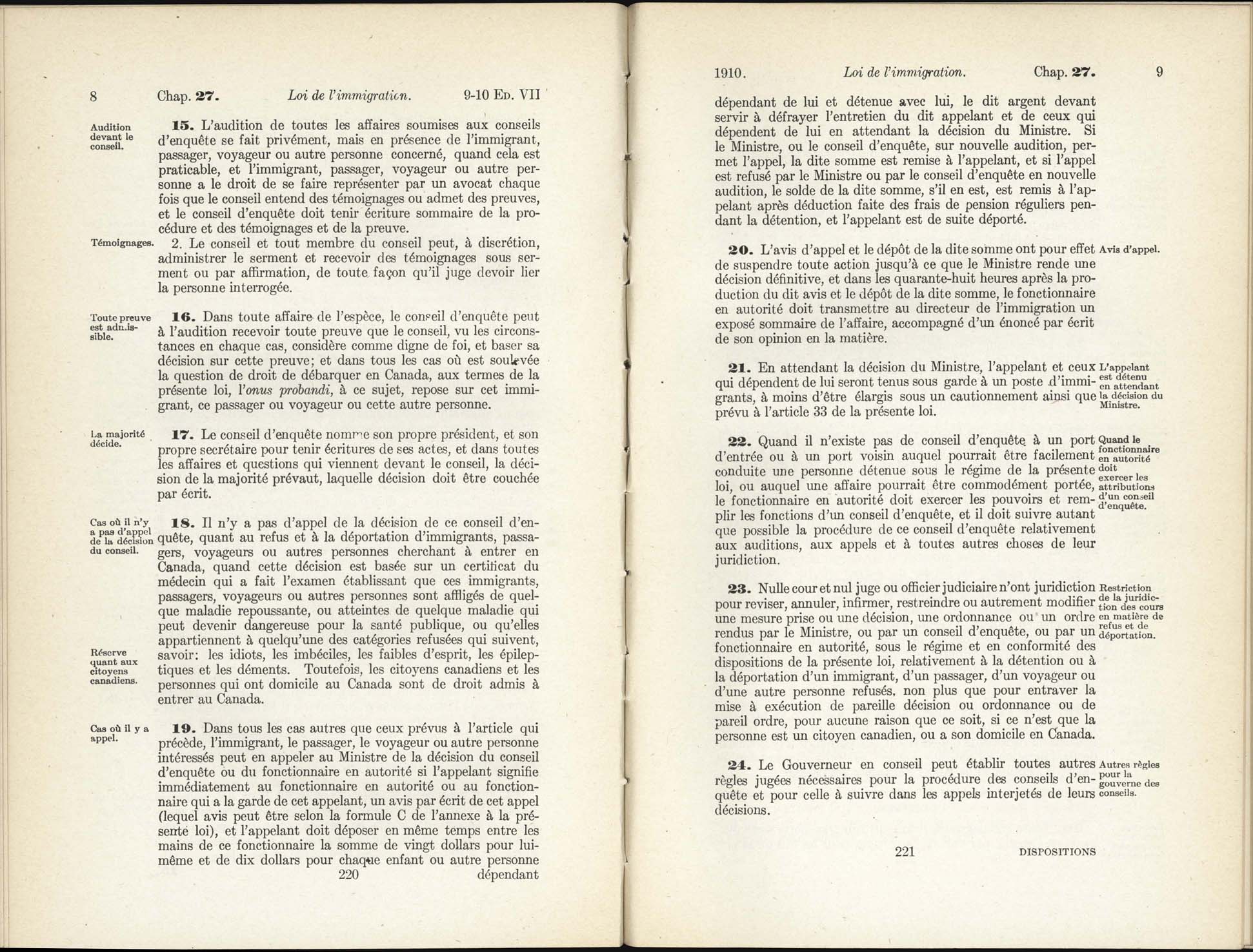 Chap 27 Page 220, 221 L’Acte d’immigration, 1910