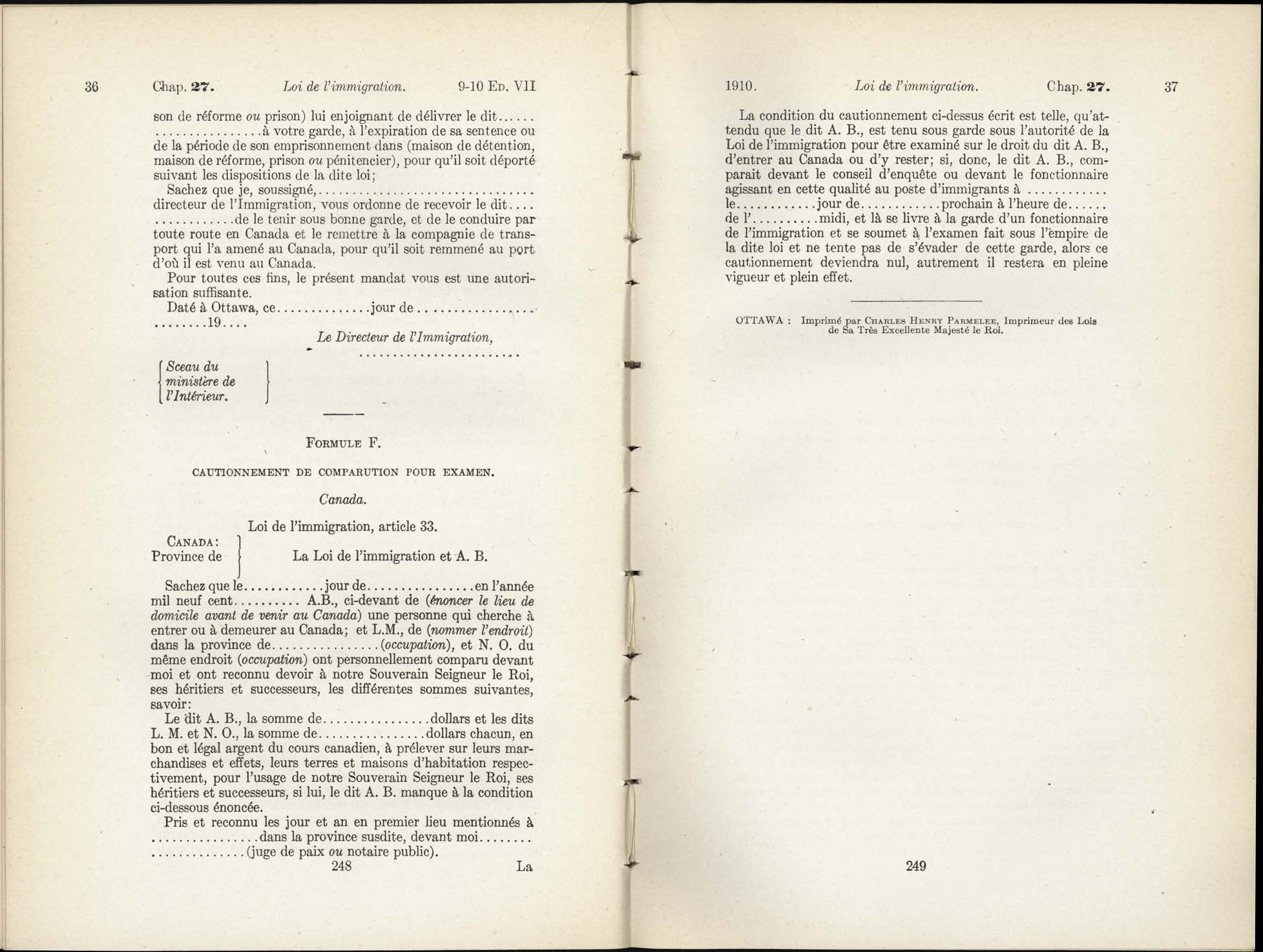 Chap 27 Page 248, 249 L’Acte d’immigration, 1910