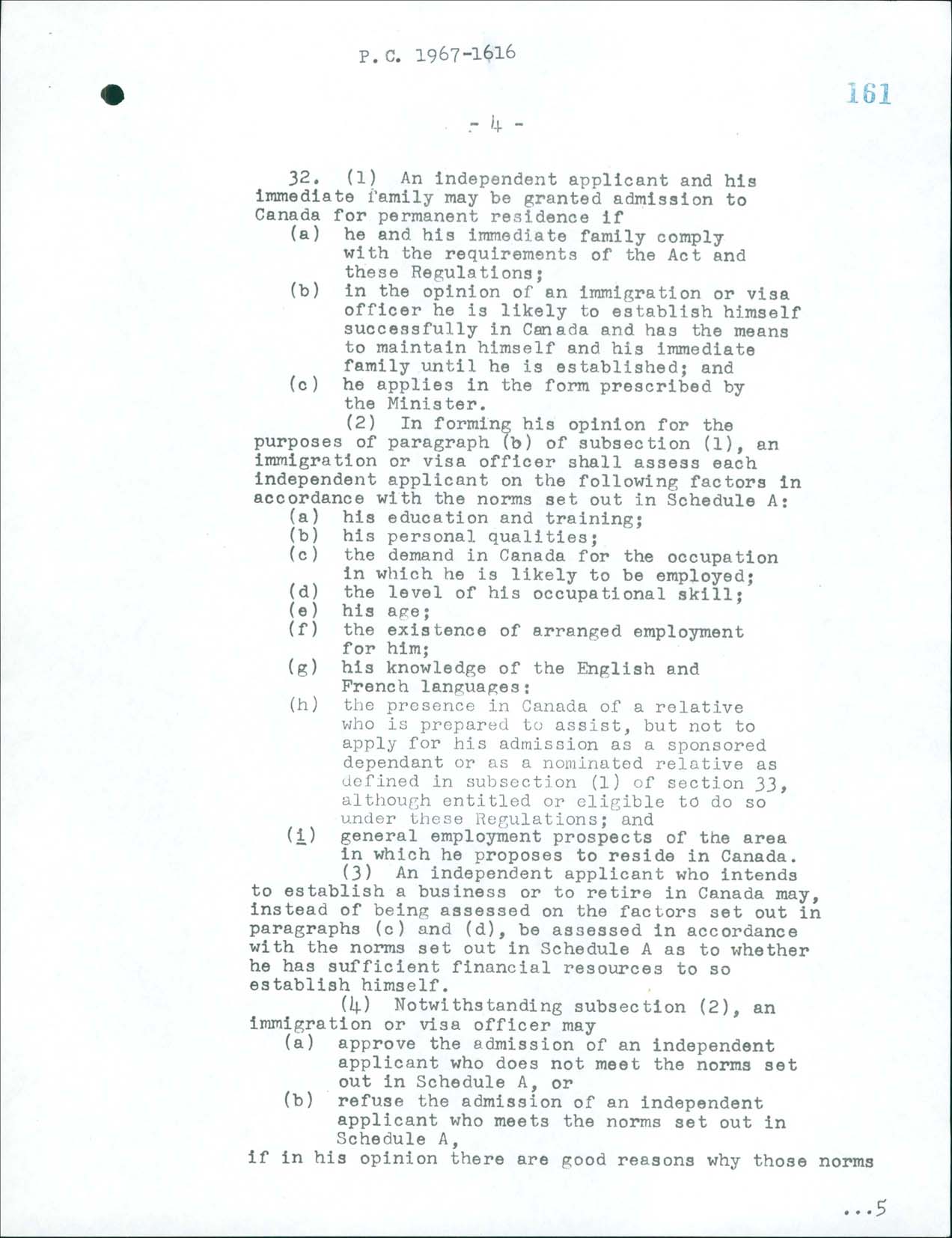 Page 4 Règlement sur l’immigration, Décret du Conseil CP 1967-1616, 1967
