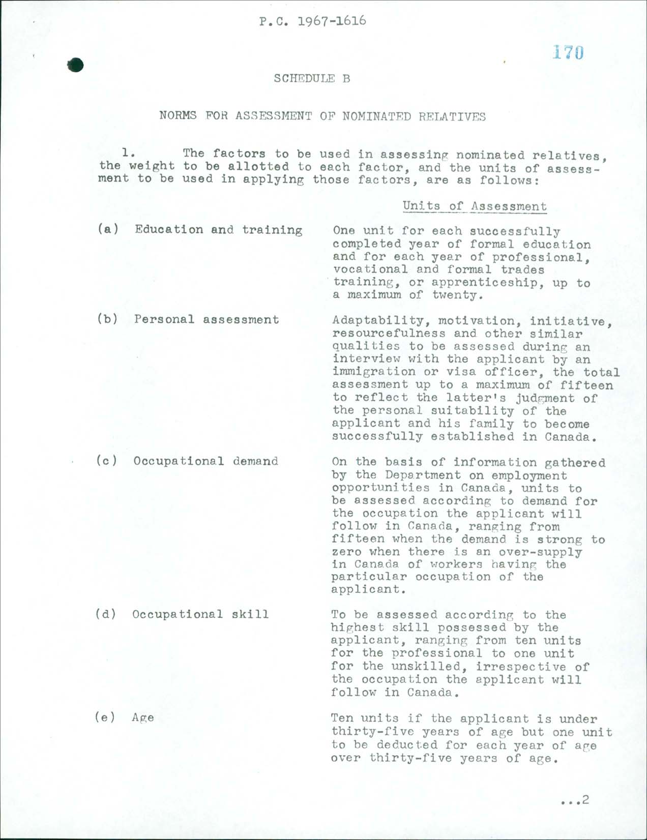Règlement sur l’immigration, Décret du Conseil CP 1967-1616, 1967