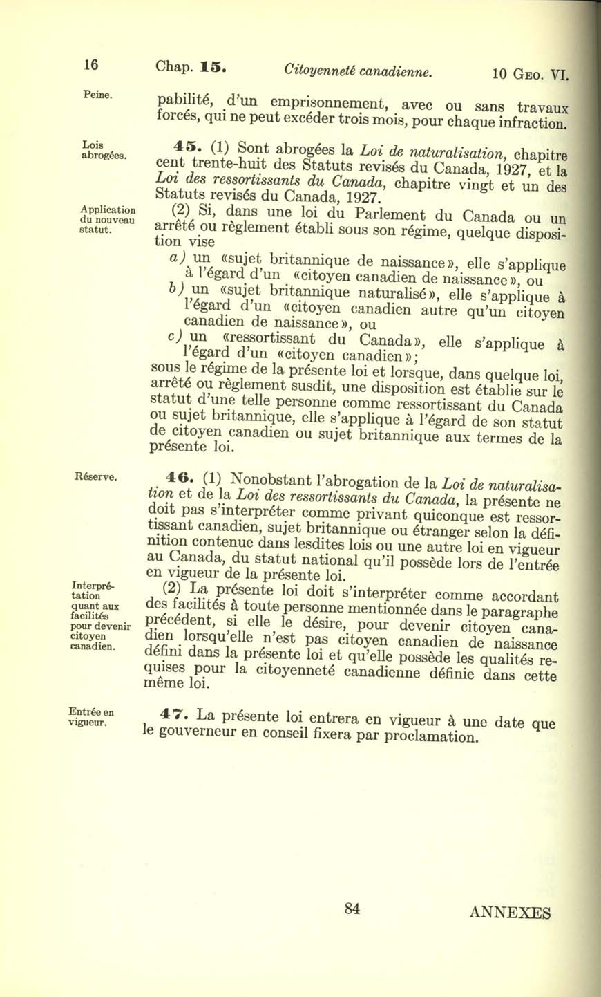 Chap. 15 Page 84 Loi sur la citoyenneté canadienne, 1947