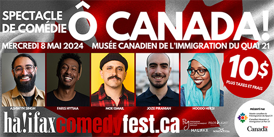 Renseignements sur l’événement sur fond de drapeau canadien avec les portraits de cinq humoristes de différentes couleurs de peau.