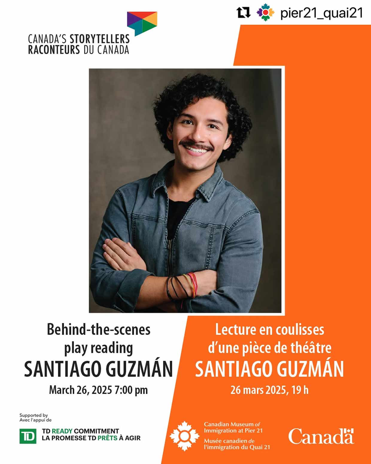 Affiche annonçant une lecture de pièce de théâtre par Santiago Guzmán.