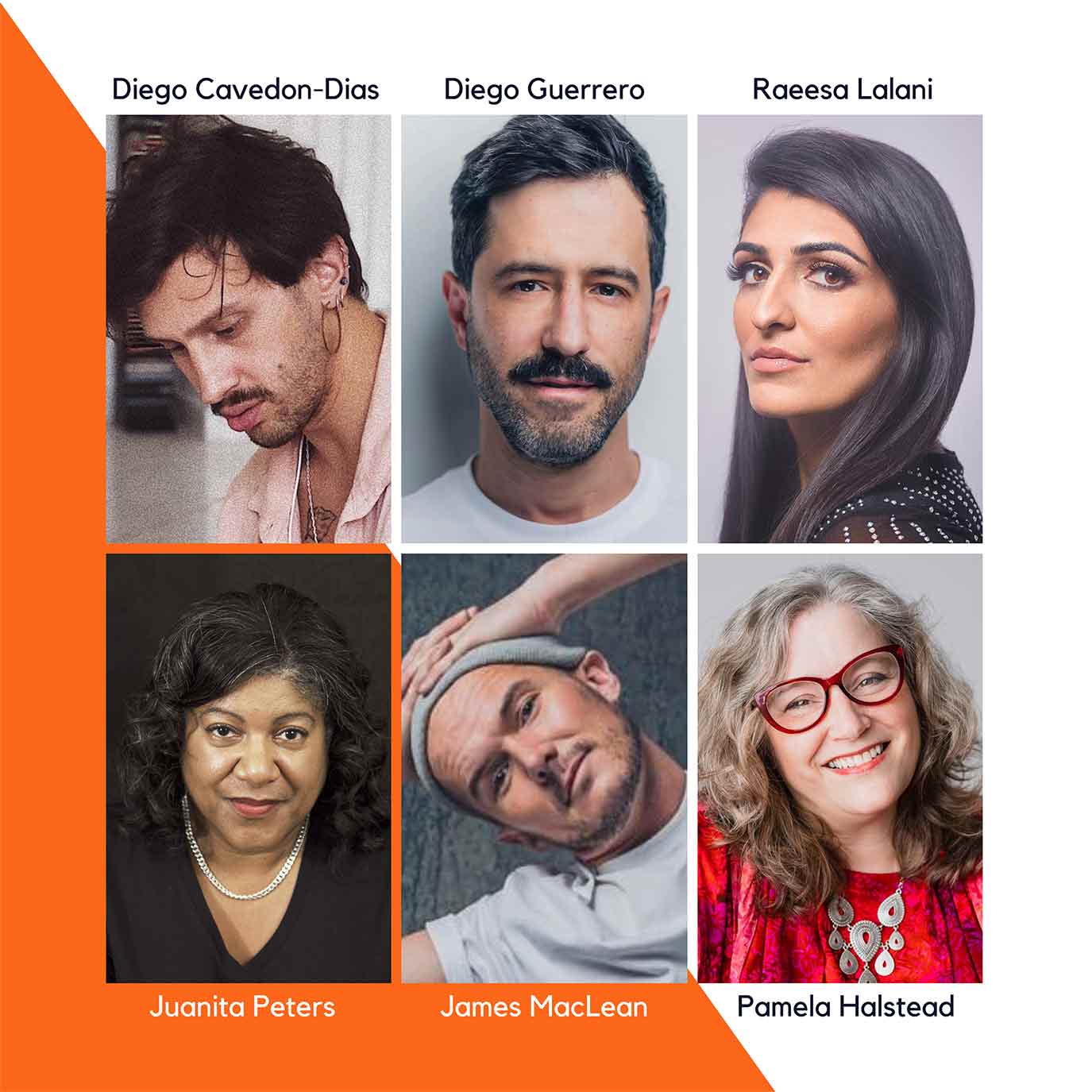Affiche de la distribution avec les portraits de Diego Guerrero, Diego Cavedon Dias, Raeesa Lalani, Juanita Peters, James MacLean et la dramaturge Pamela Halstead.
