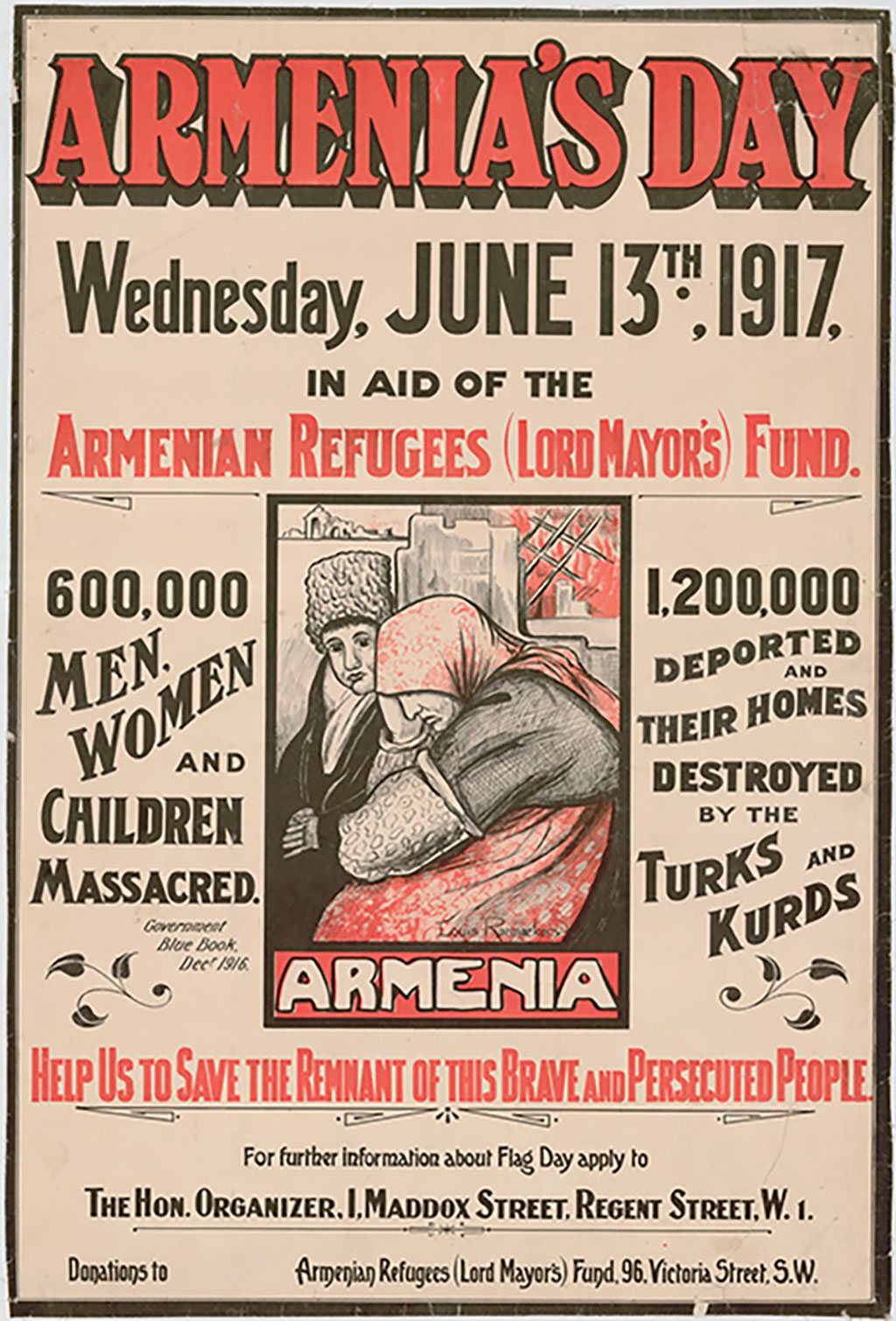 Une affiche sur laquelle se trouve un dessin de deux femmes tristes indique la date et l'heure prévues pour la célébration de la journée des Arméniens.