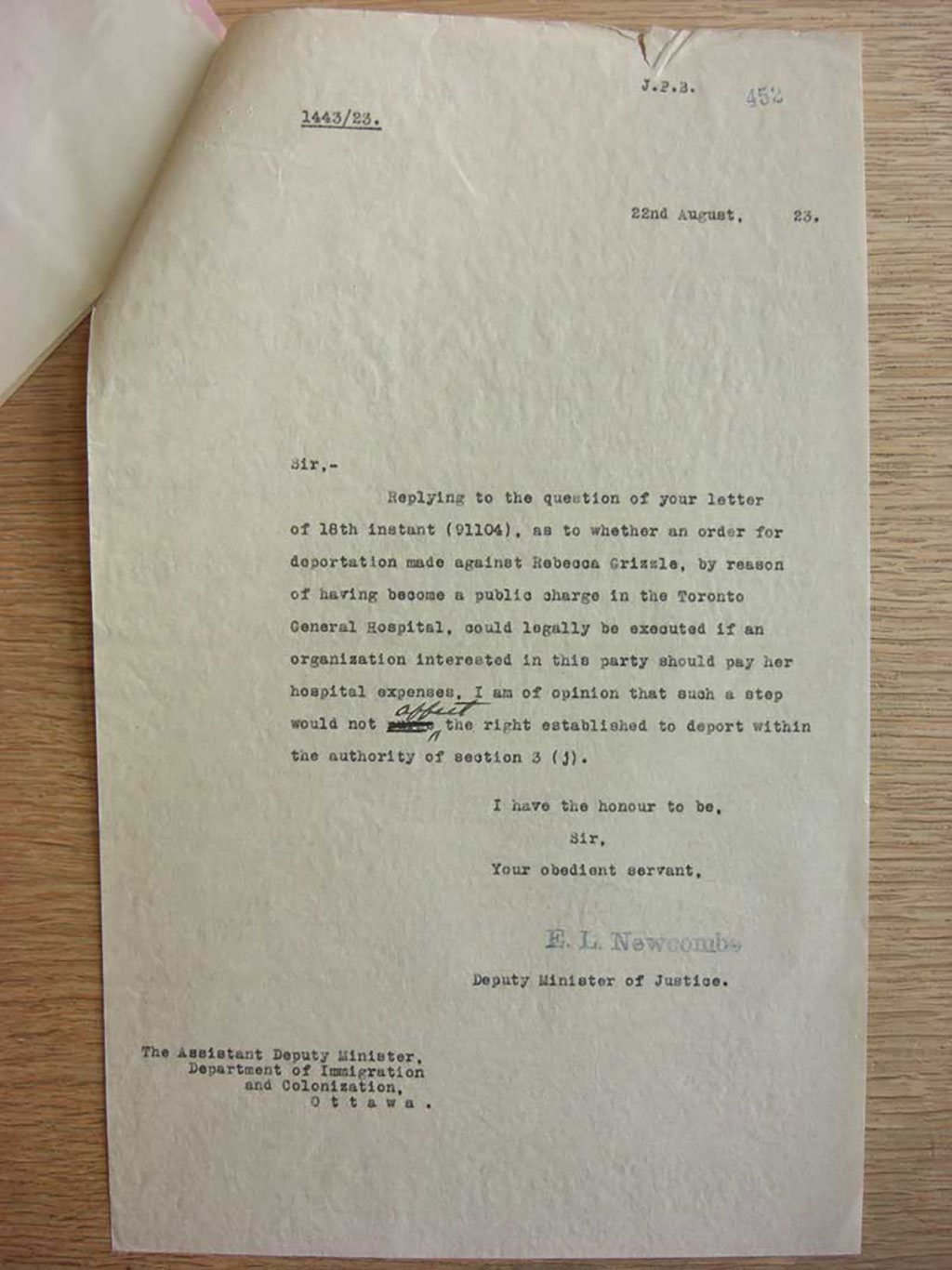 Photographie d'une lettre dactylographiée datée du 22 août 1923.