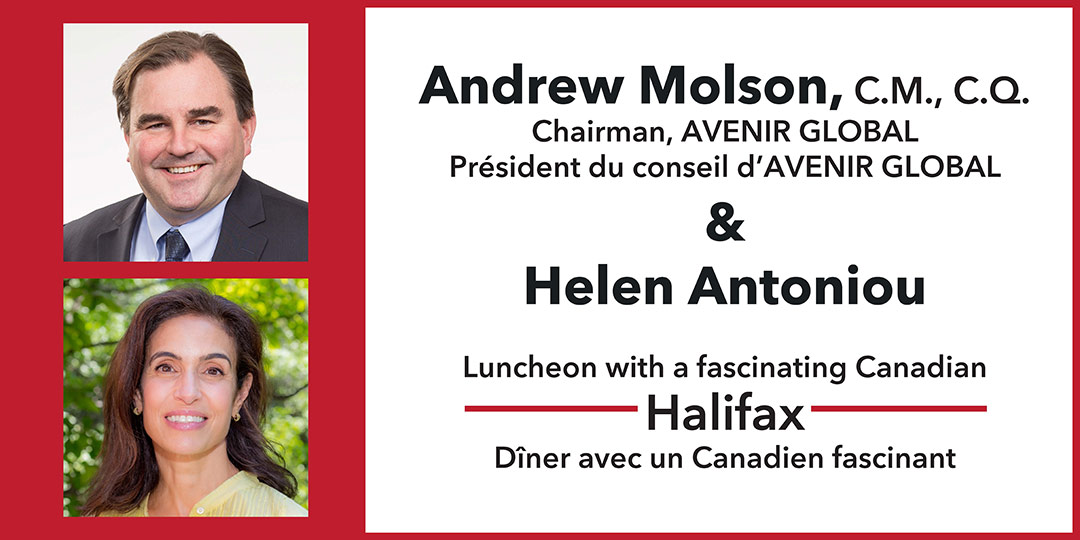 Portrait d’Andrew Molson and Helen Antoniou à côté du texte de l’événement.