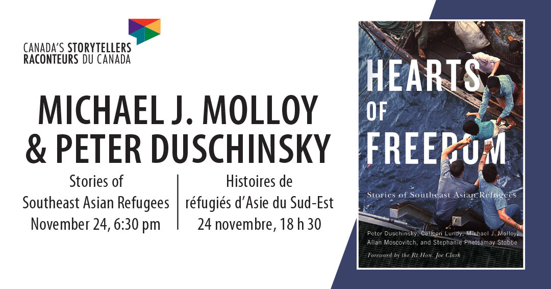 Renseignements sur l’événement à côté d’une couverture de livre représentant des réfugiés d’Asie du Sud-Est qui passent un enfant d’un bateau à l’autre.