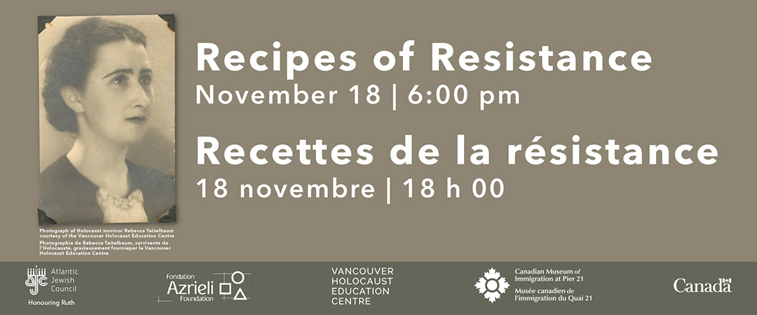 Renseignements sur l’événement à côté d’une photographie de Rebecca Teitelbaum, survivante de l’Holocauste.