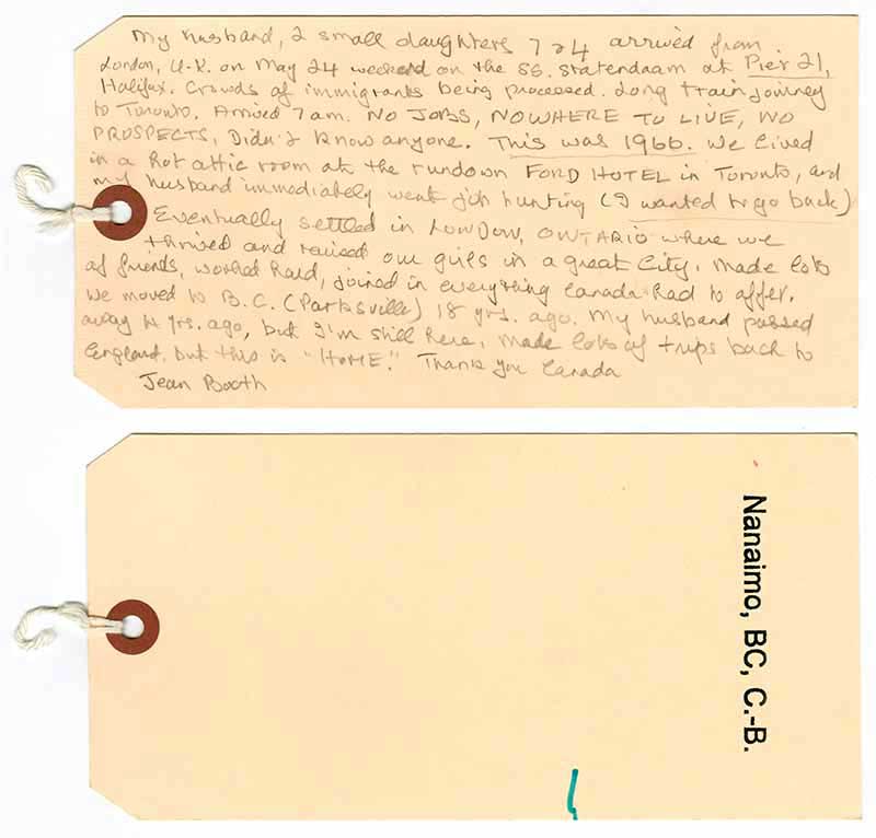 Étiquette en papier brun sur laquelle se trouve une description de la traversée de Jean Booth.