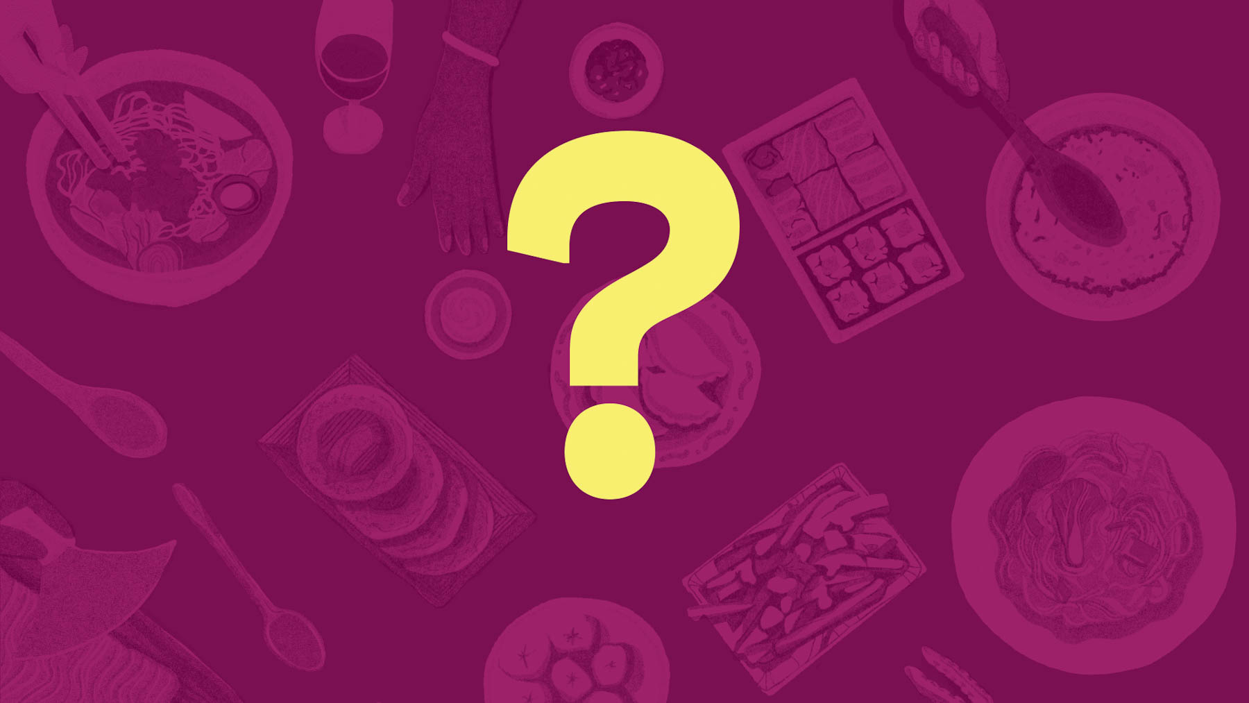 Un point d’interrogation jaune vif sur fond violet avec des dessins d'aliments issus de différentes traditions culturelles.