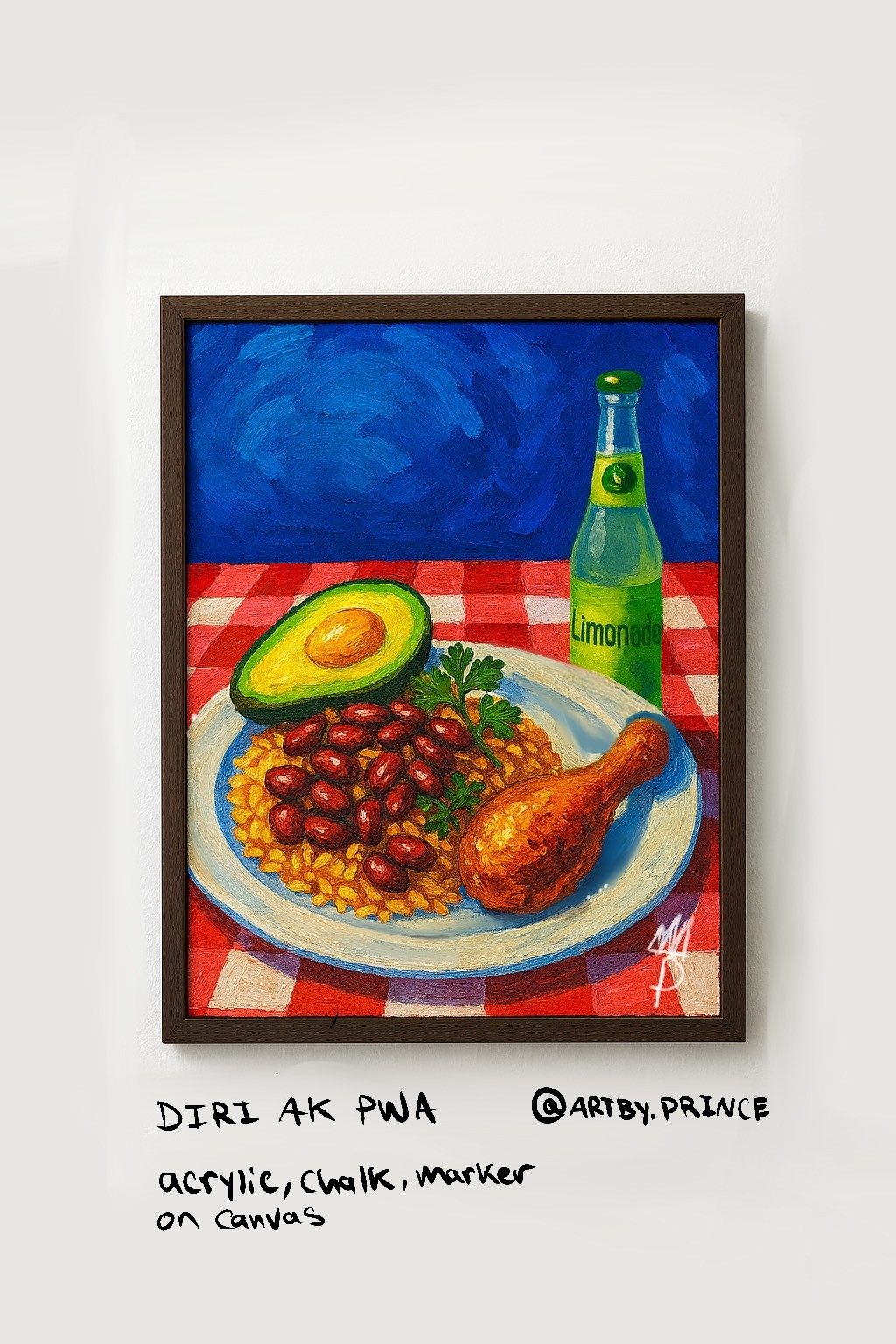 Une peinture d’artiste représentant une assiette de riz et de haricots dans laquelle se trouvent aussi un demi-avocat et un pilon de poulet.