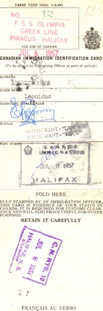 Carte d’établissement aux fins de l’immigration canadienne.