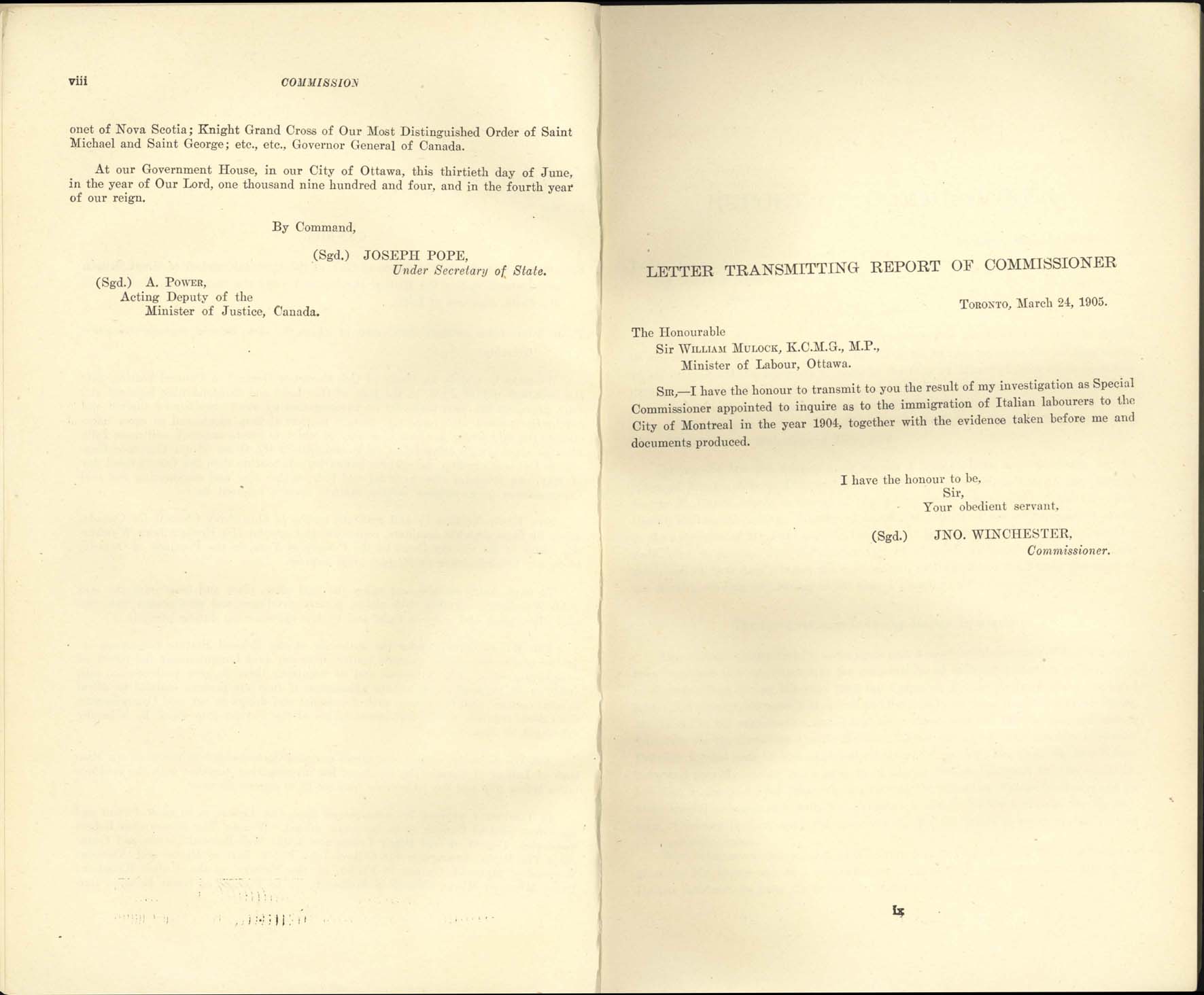 page viii, ix Commission royale sur l’immigration italienne, 1904-1905
