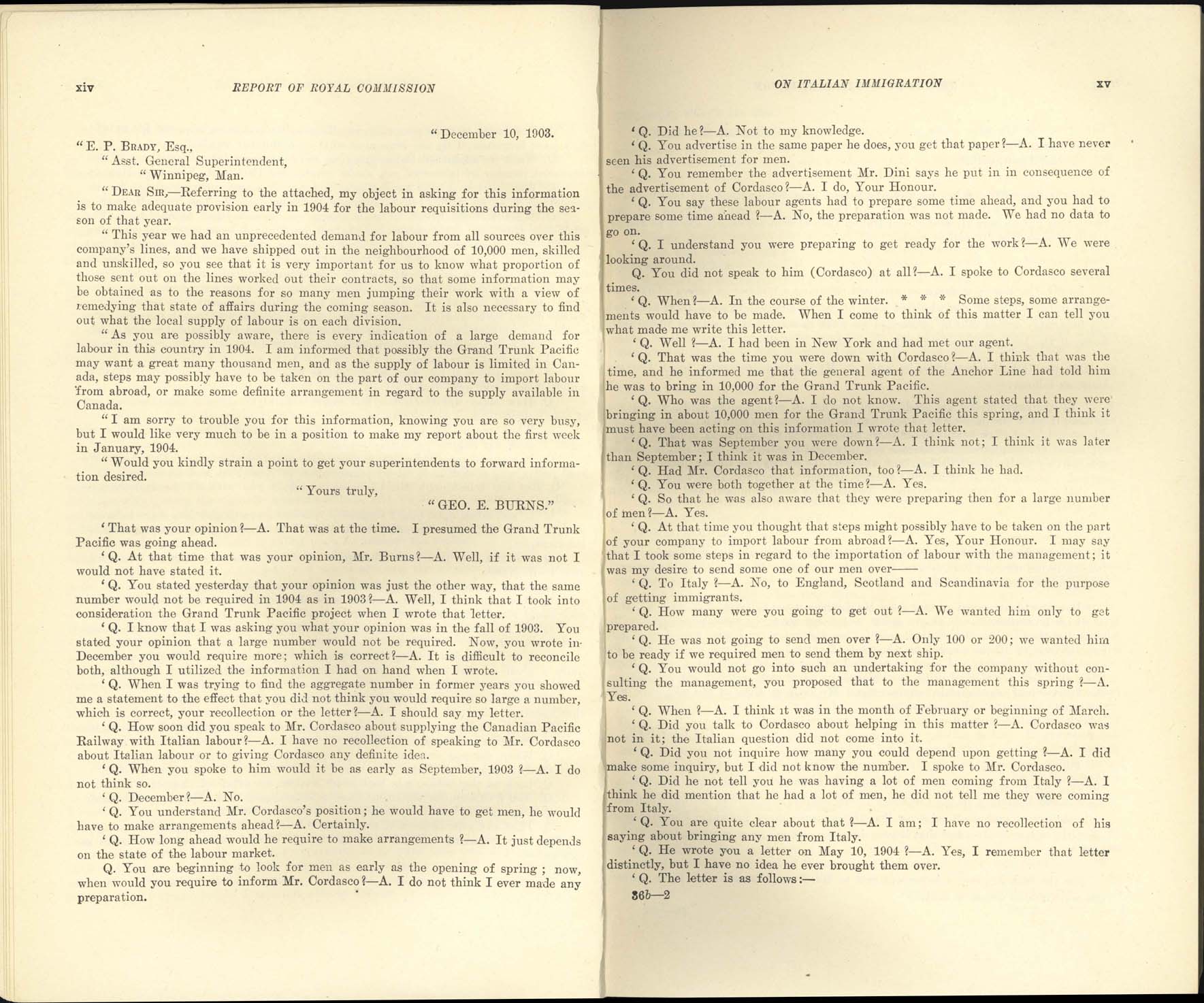 page xiv, xv Commission royale sur l’immigration italienne, 1904-1905