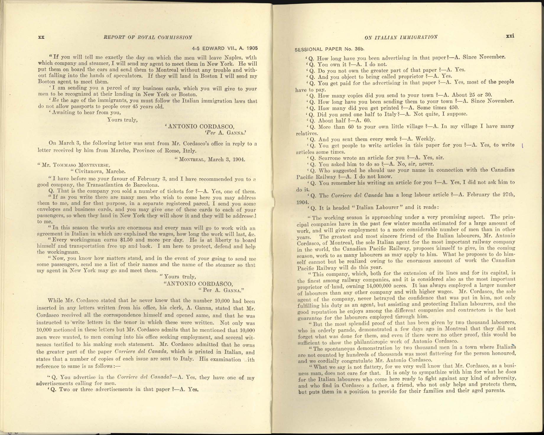 page xx, xxi Commission royale sur l’immigration italienne, 1904-1905