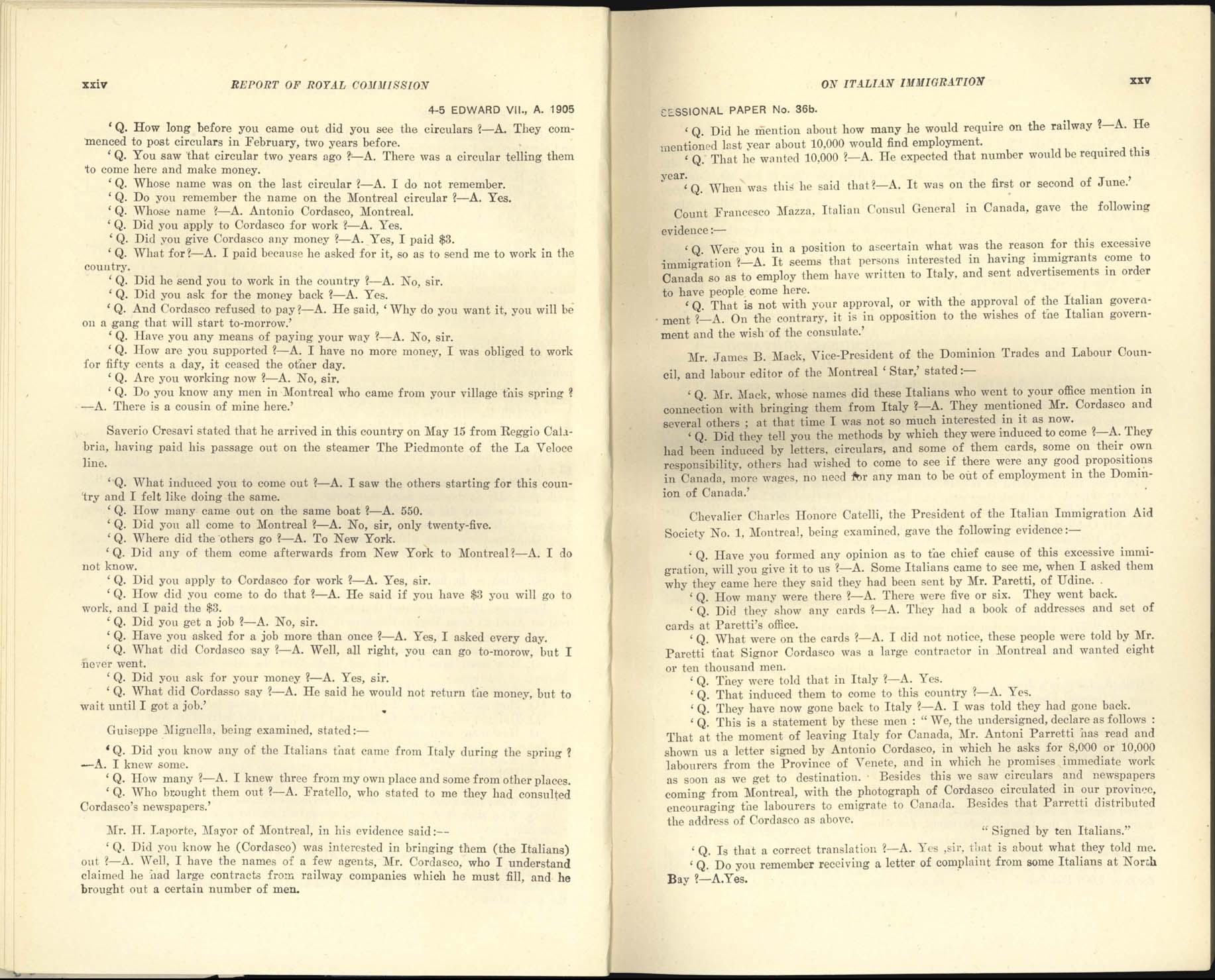 page xxiv, xxv Commission royale sur l’immigration italienne, 1904-1905