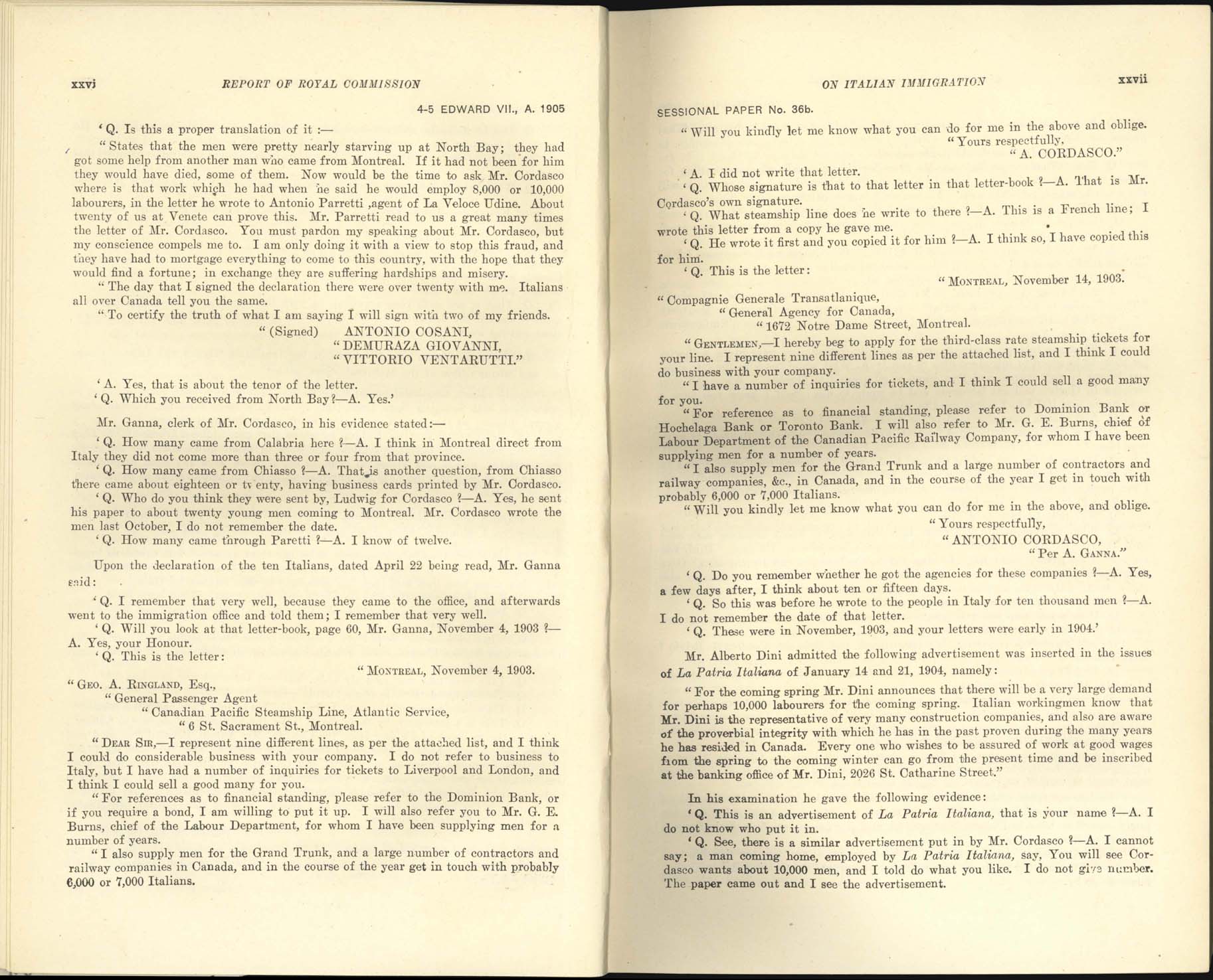 page xxvi, xxvii Commission royale sur l’immigration italienne, 1904-1905