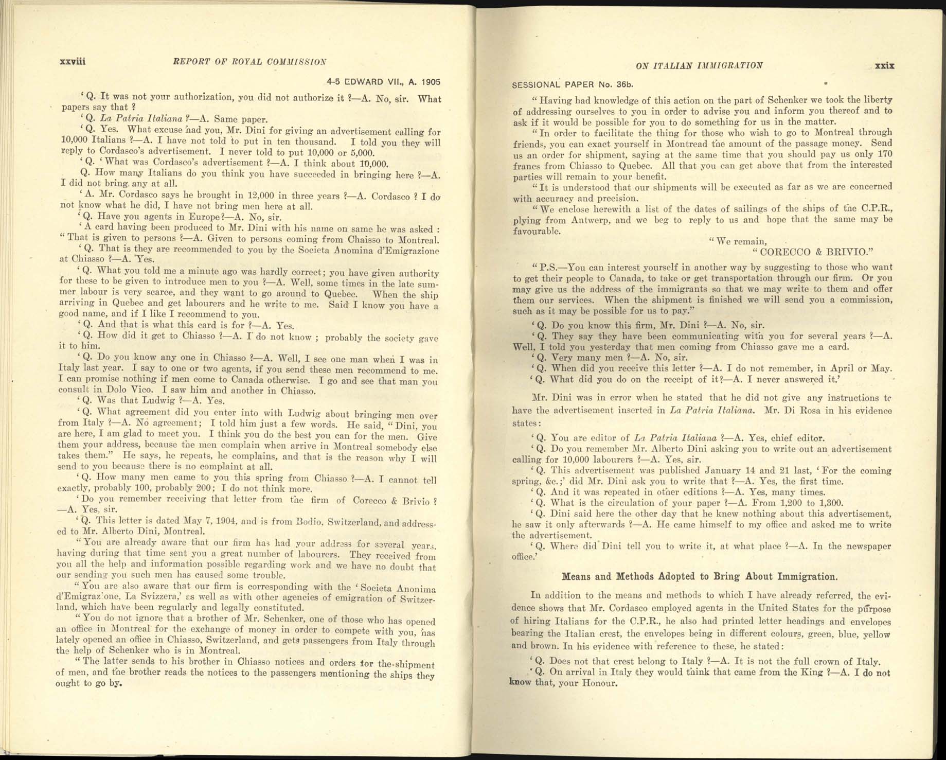 page xxviii, xxix Commission royale sur l’immigration italienne, 1904-1905