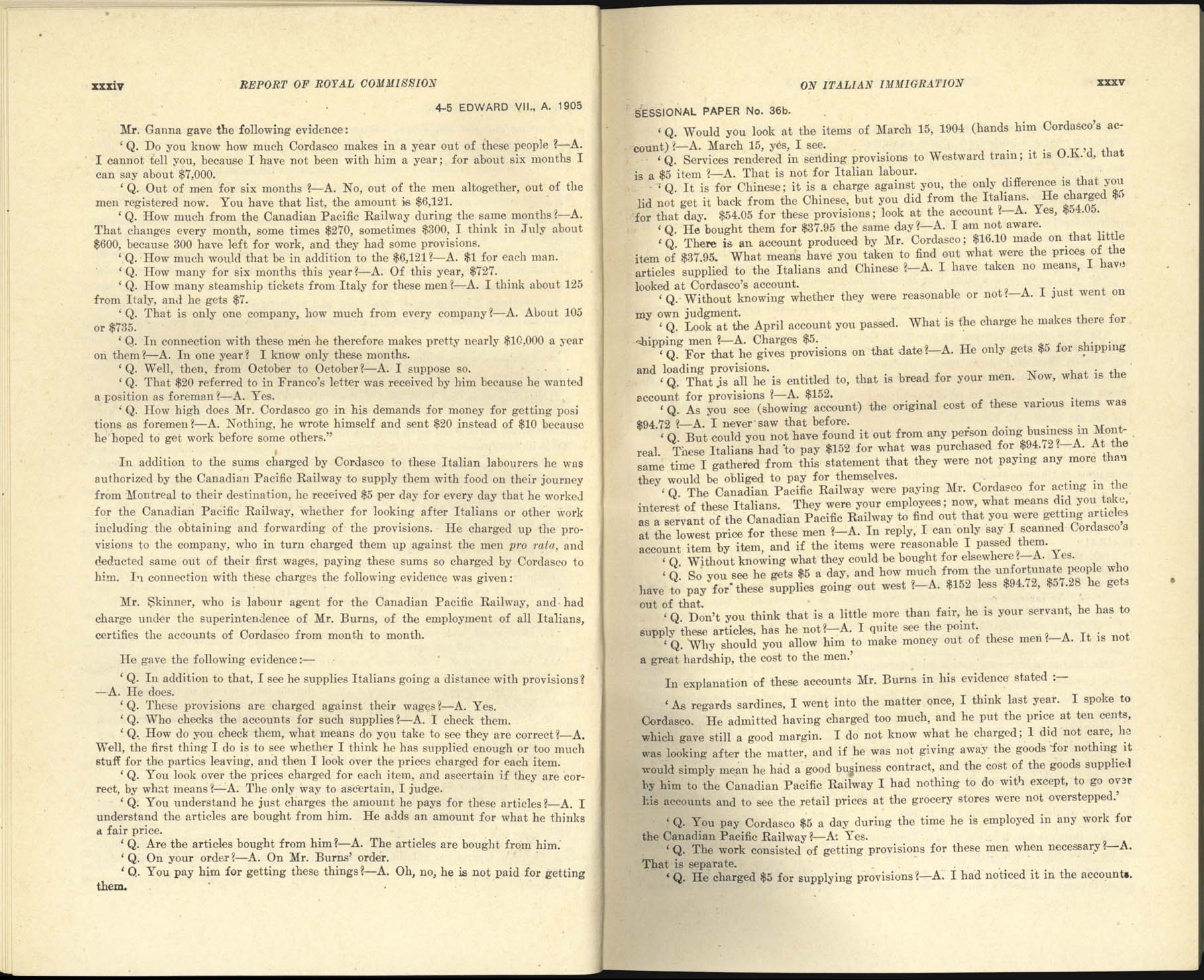 page xxxiv, xxxv Commission royale sur l’immigration italienne, 1904-1905