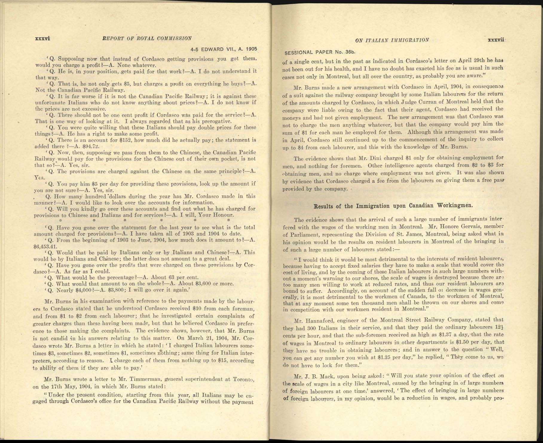 page xxxvi, xxxvii Commission royale sur l’immigration italienne, 1904-1905