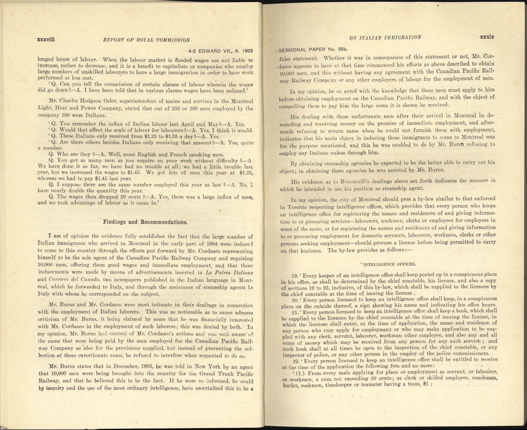 page xxxviii, xxxix Commission royale sur l’immigration italienne, 1904-1905