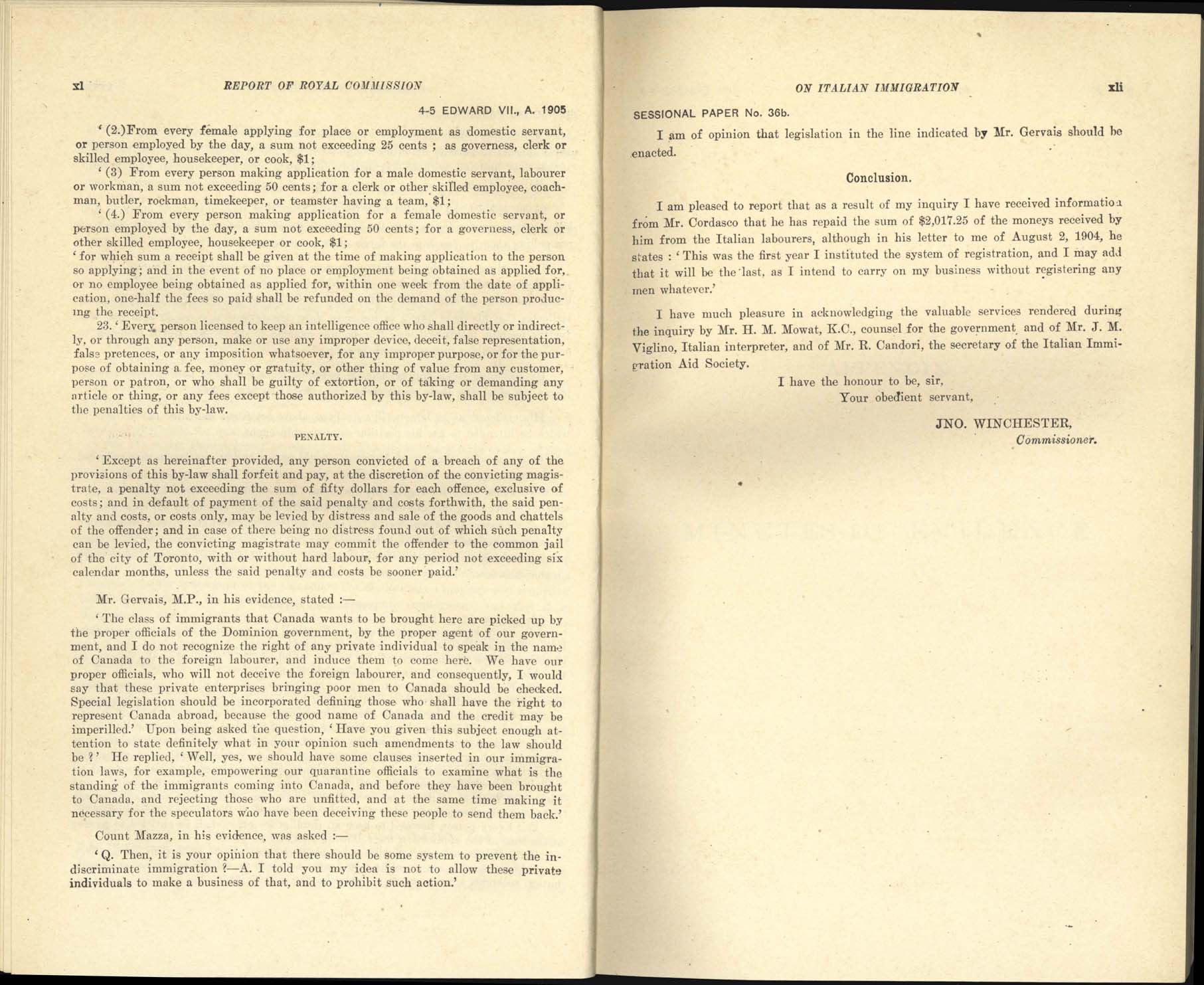 page xl, xli Commission royale sur l’immigration italienne, 1904-1905