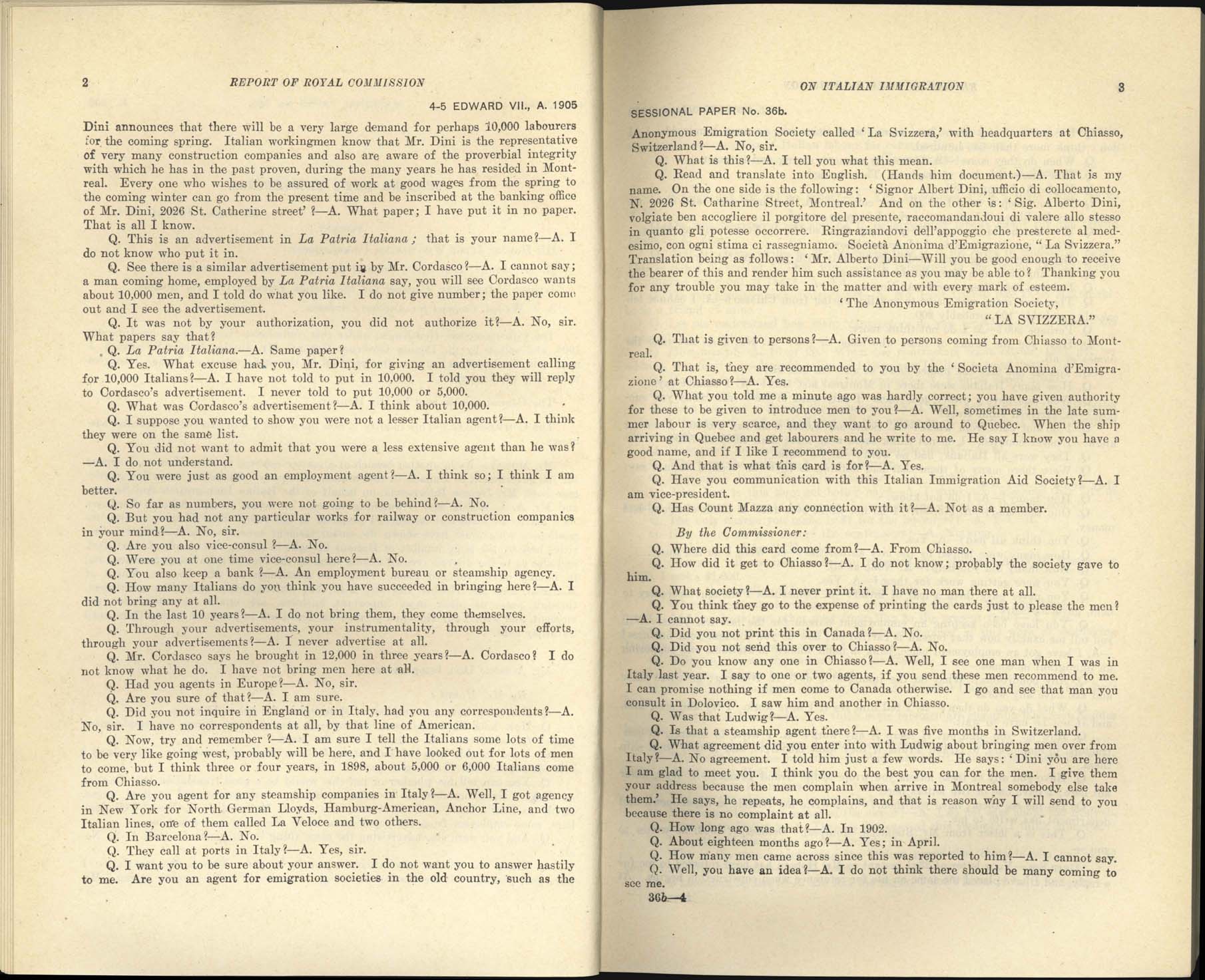 Page 2, 3 Commission royale sur l’immigration italienne, 1904-1905
