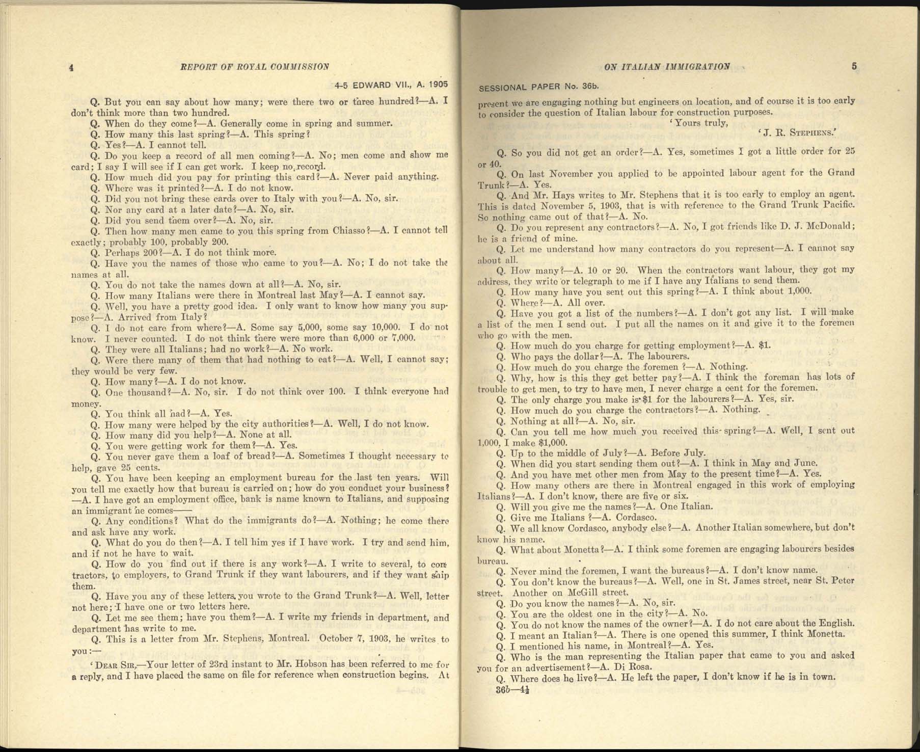 Page 4, 5 Commission royale sur l’immigration italienne, 1904-1905