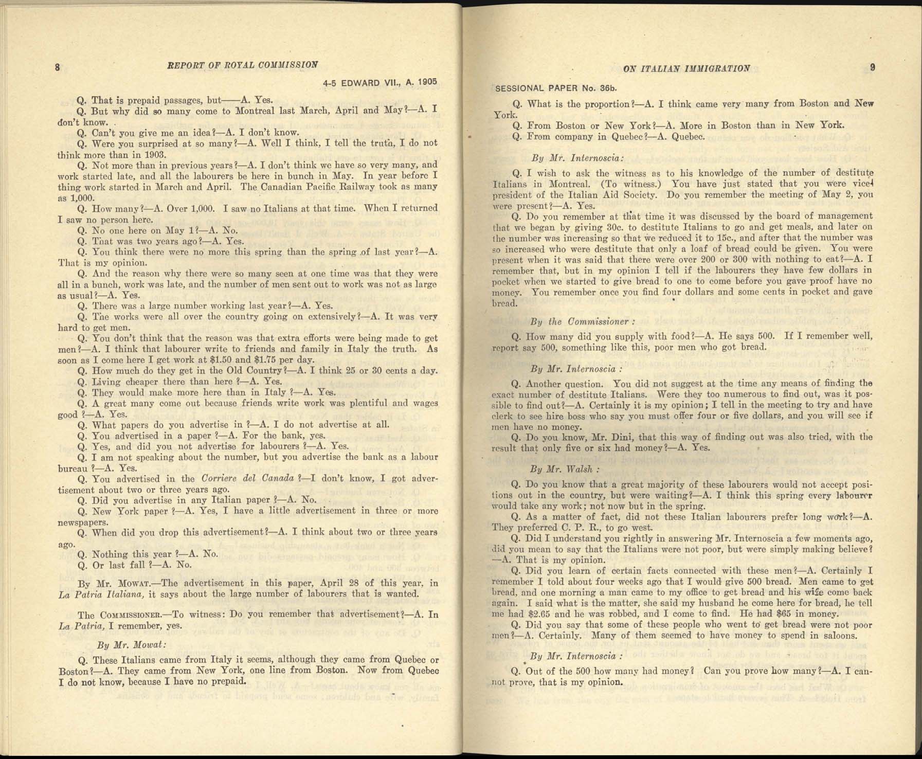 Page 8, 9 Commission royale sur l’immigration italienne, 1904-1905