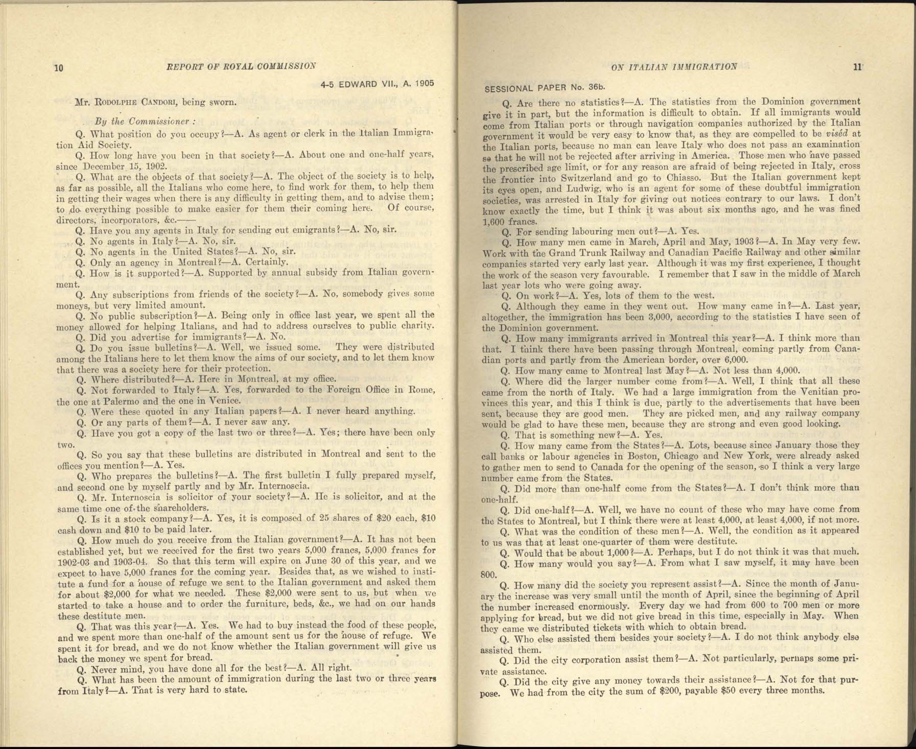 Page 10, 11 Commission royale sur l’immigration italienne, 1904-1905