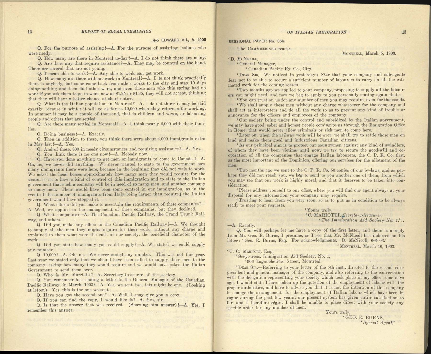 Page 12, 13 Commission royale sur l’immigration italienne, 1904-1905