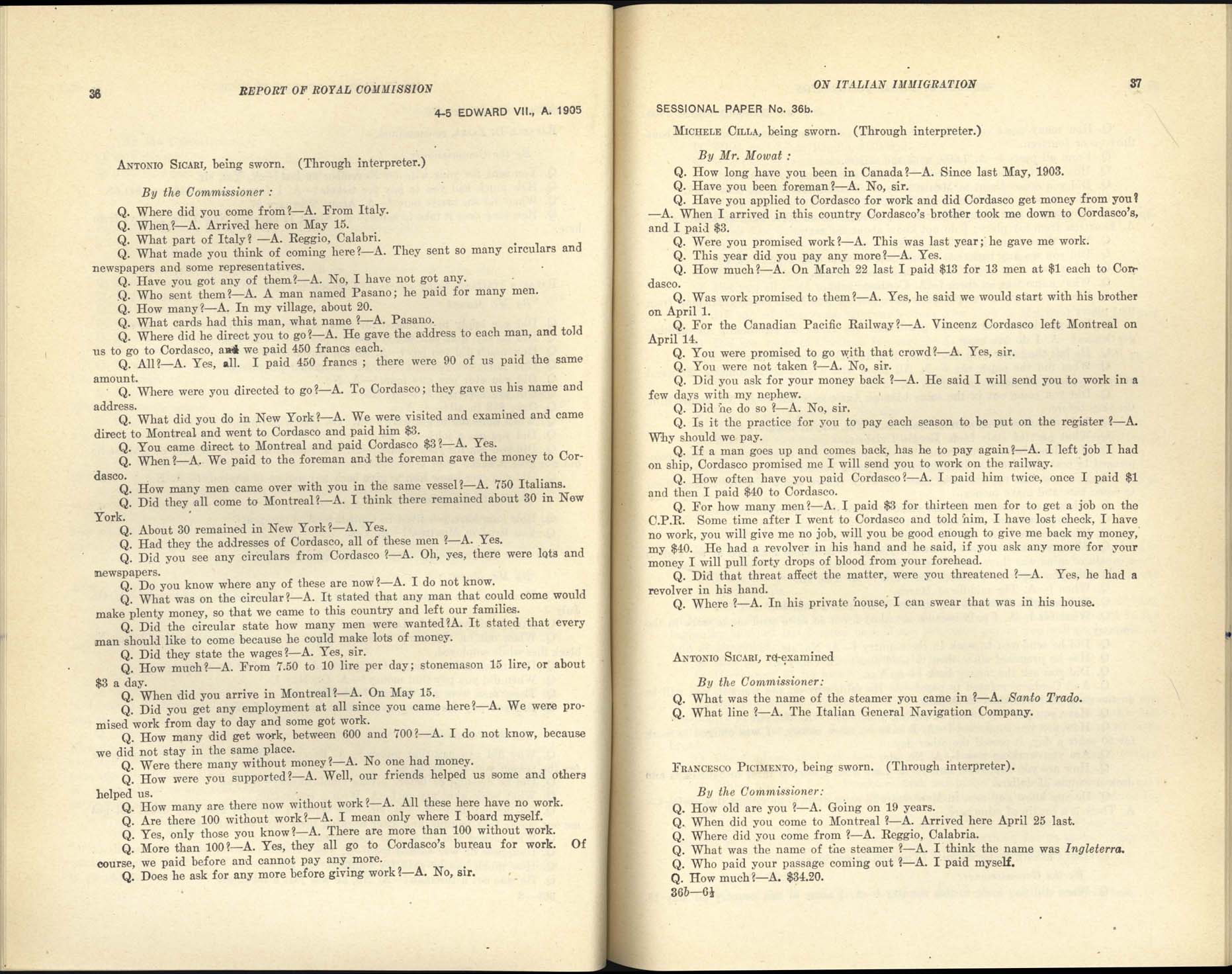 Page 36, 37 Commission royale sur l’immigration italienne, 1904-1905