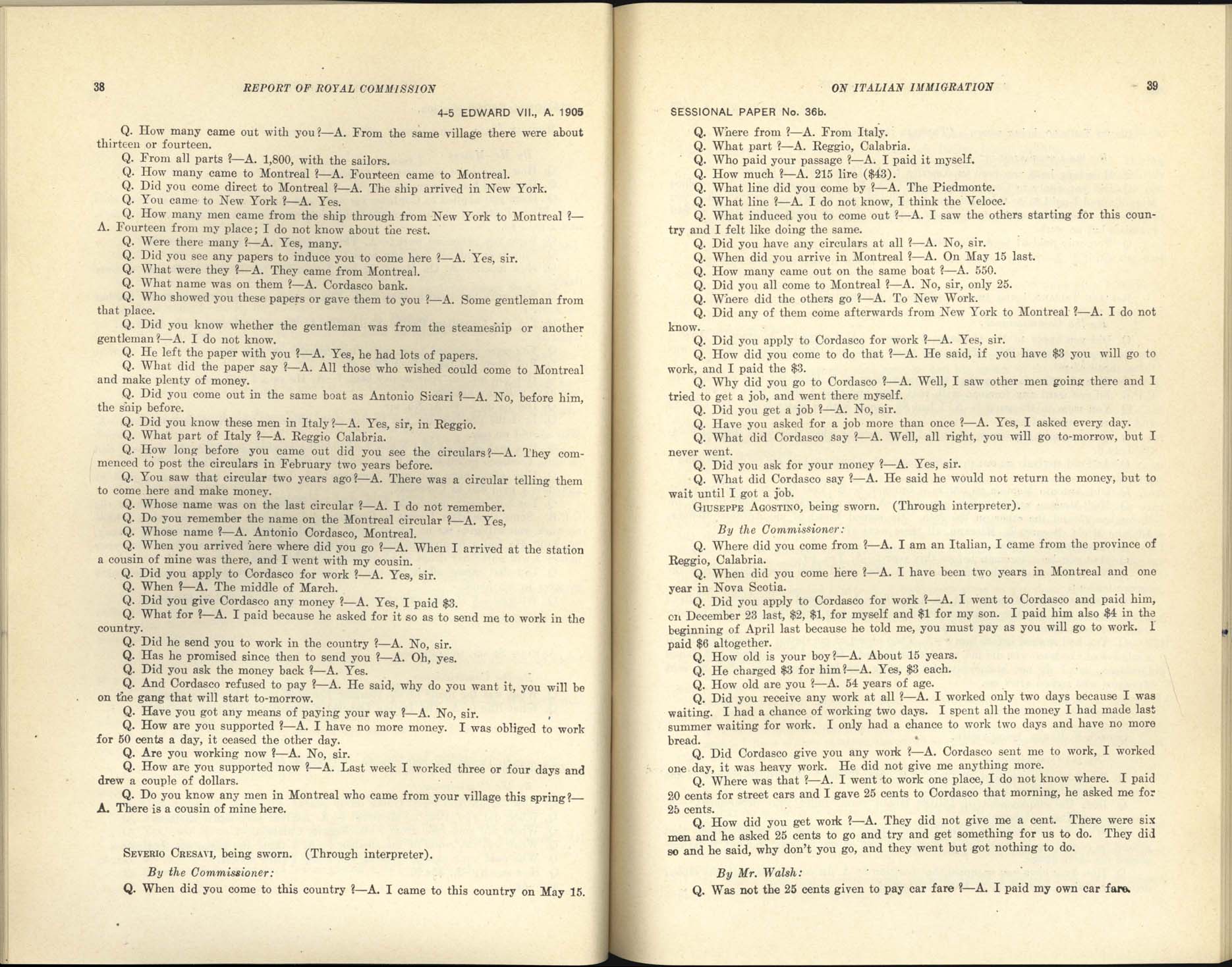 Page 38, 39 Commission royale sur l’immigration italienne, 1904-1905
