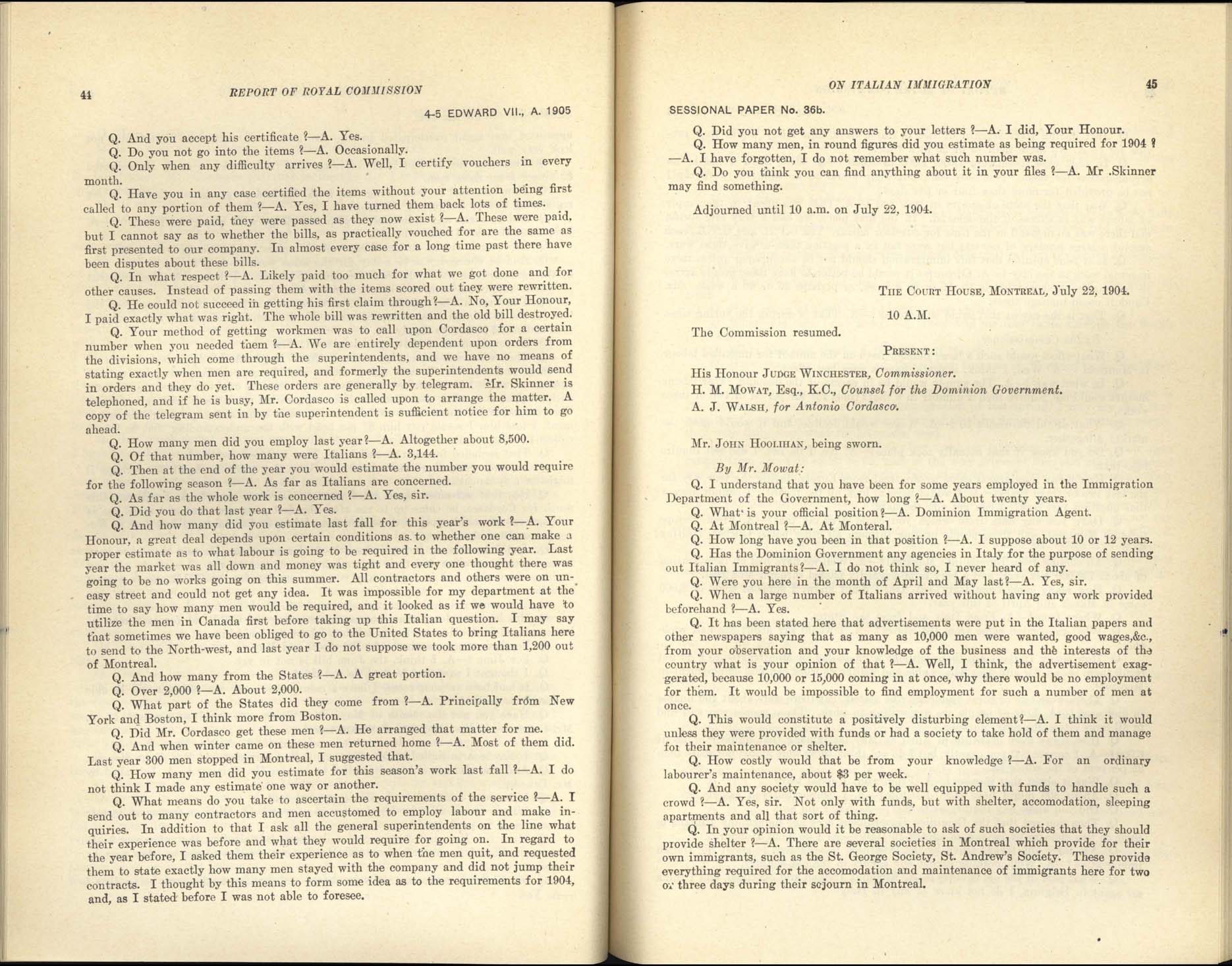 Page 44, 45 Commission royale sur l’immigration italienne, 1904-1905