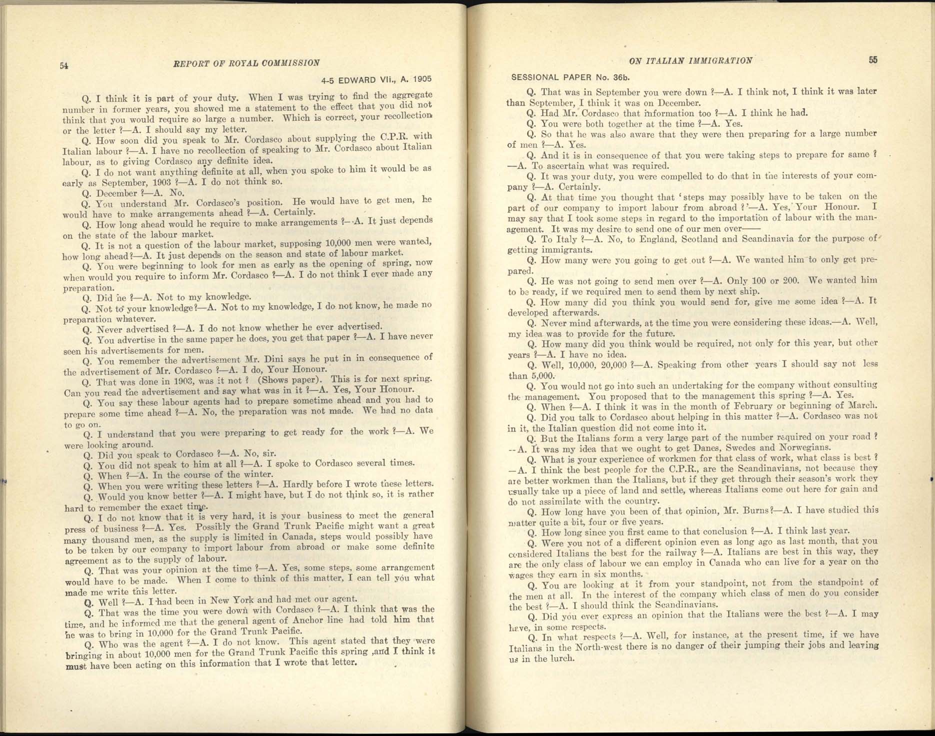 Page 54, 55 Commission royale sur l’immigration italienne, 1904-1905