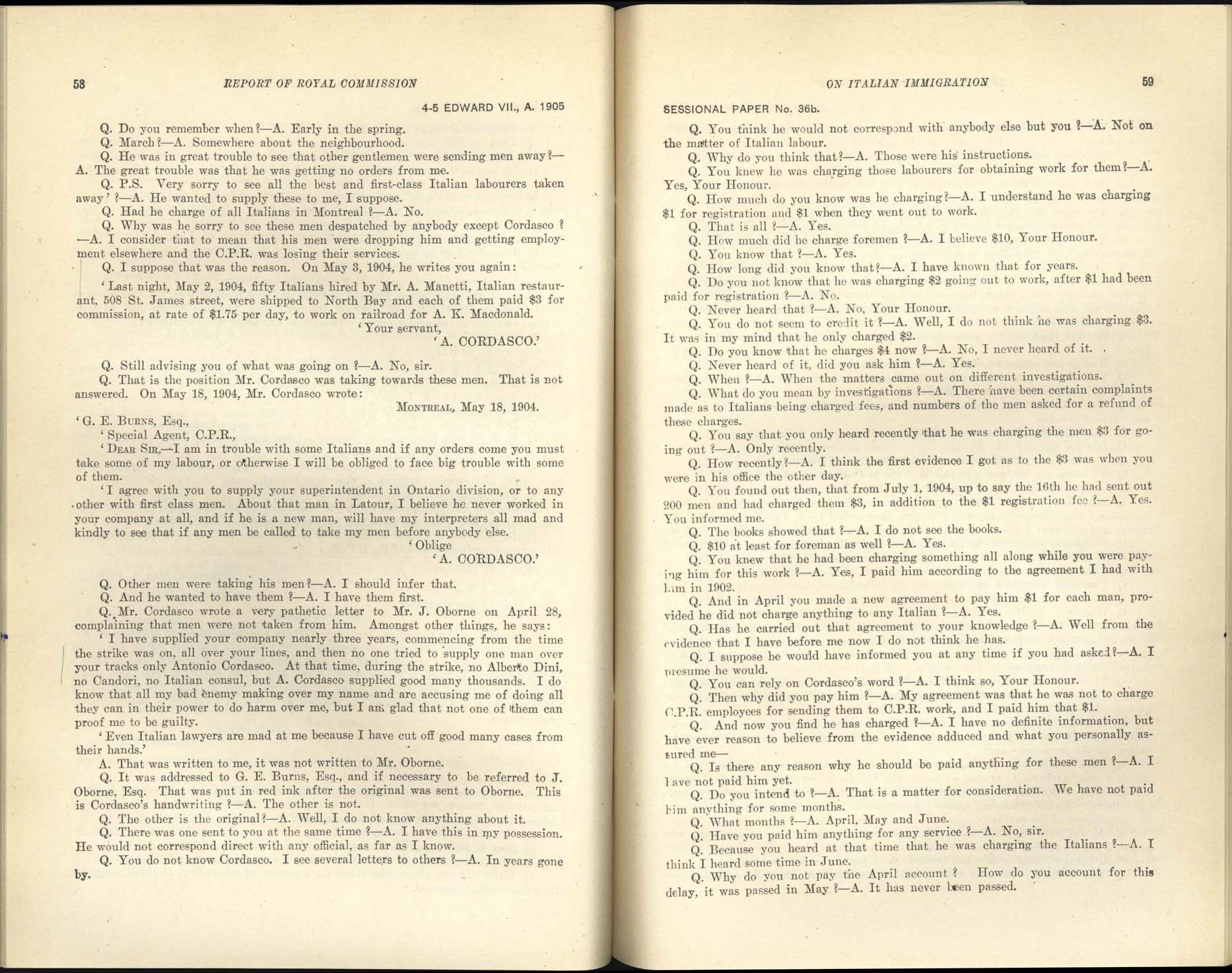 Page 58, 59 Commission royale sur l’immigration italienne, 1904-1905