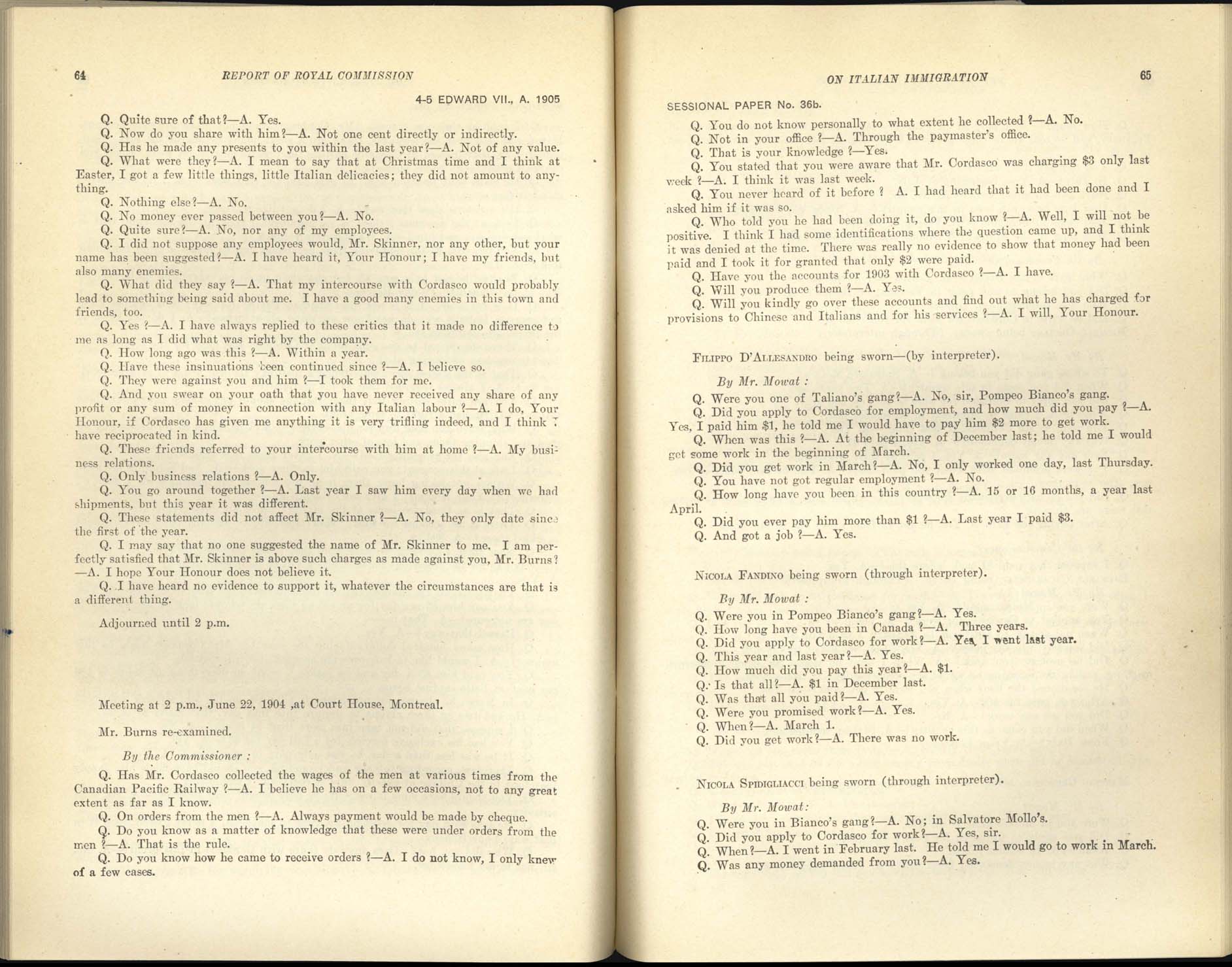 Page 64, 65 Commission royale sur l’immigration italienne, 1904-1905