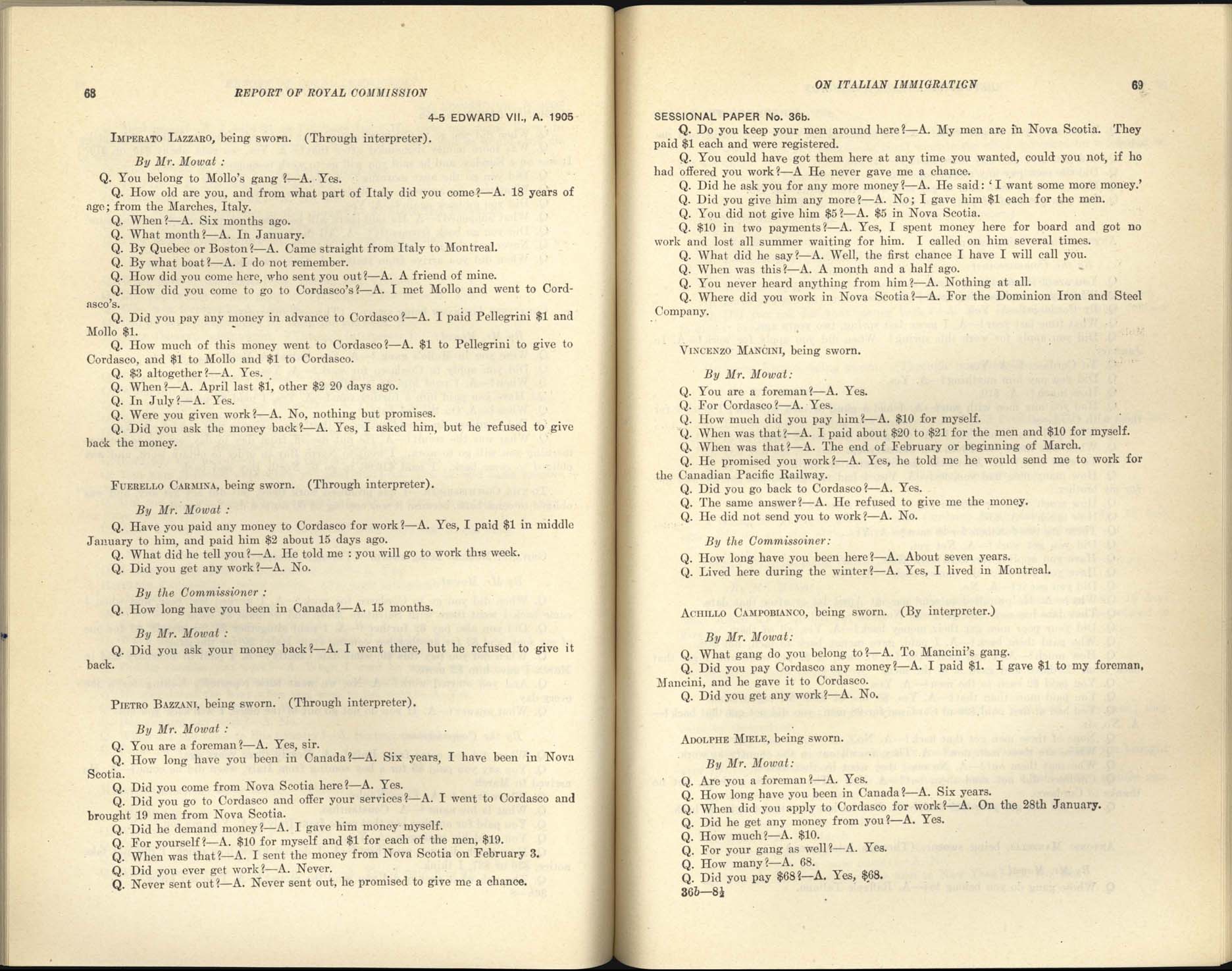 Page 68, 69 Commission royale sur l’immigration italienne, 1904-1905