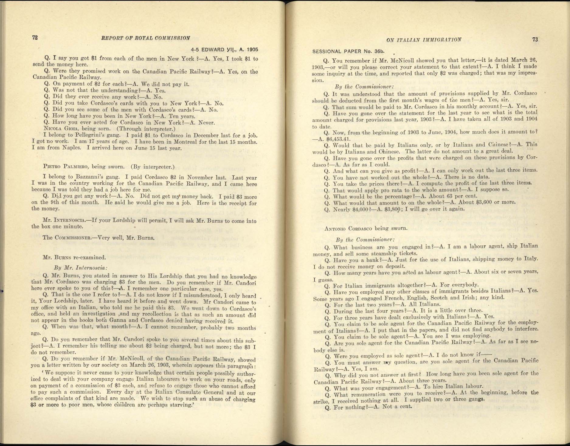 Page 72, 73 Commission royale sur l’immigration italienne, 1904-1905