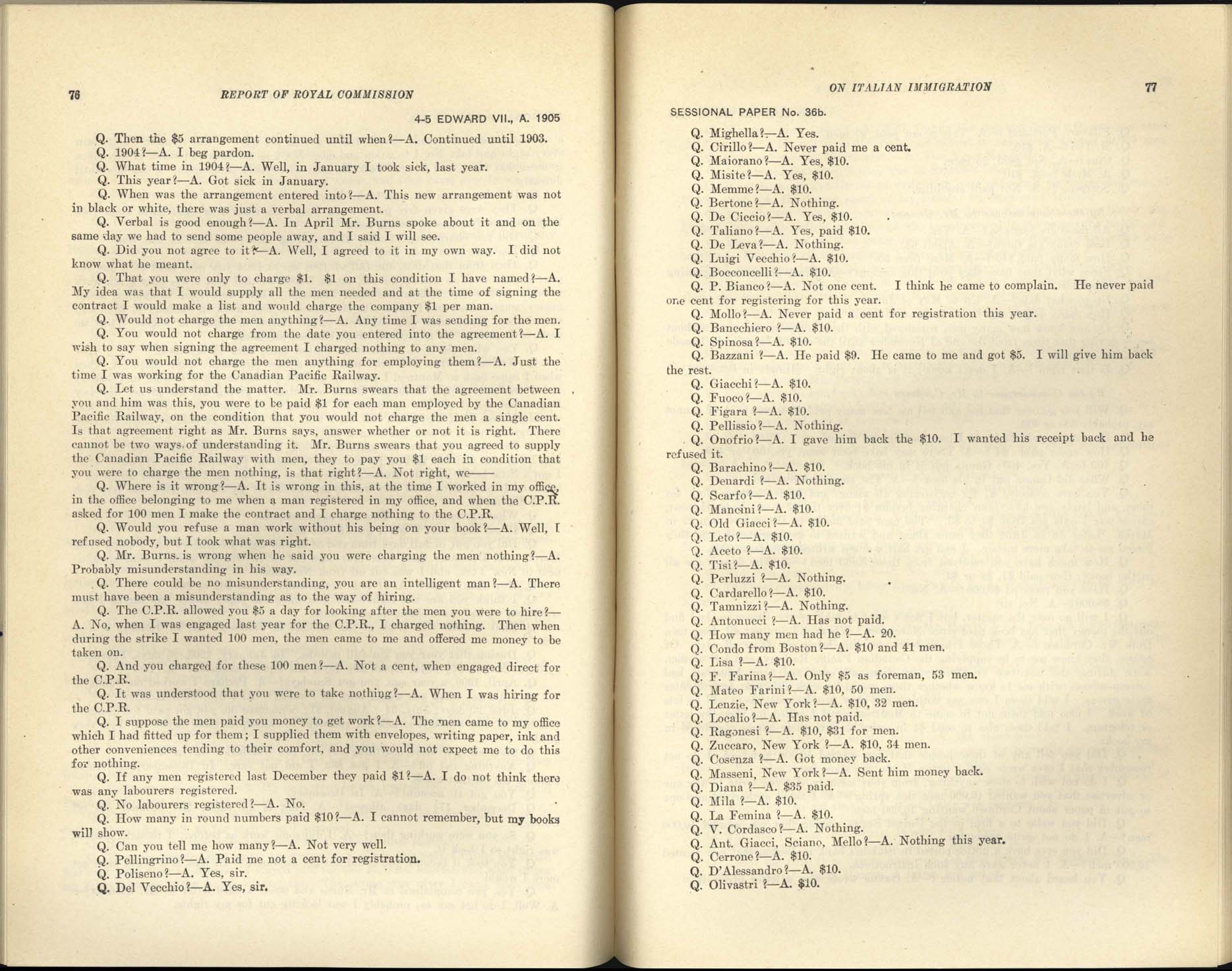 Page 76, 77 Commission royale sur l’immigration italienne, 1904-1905