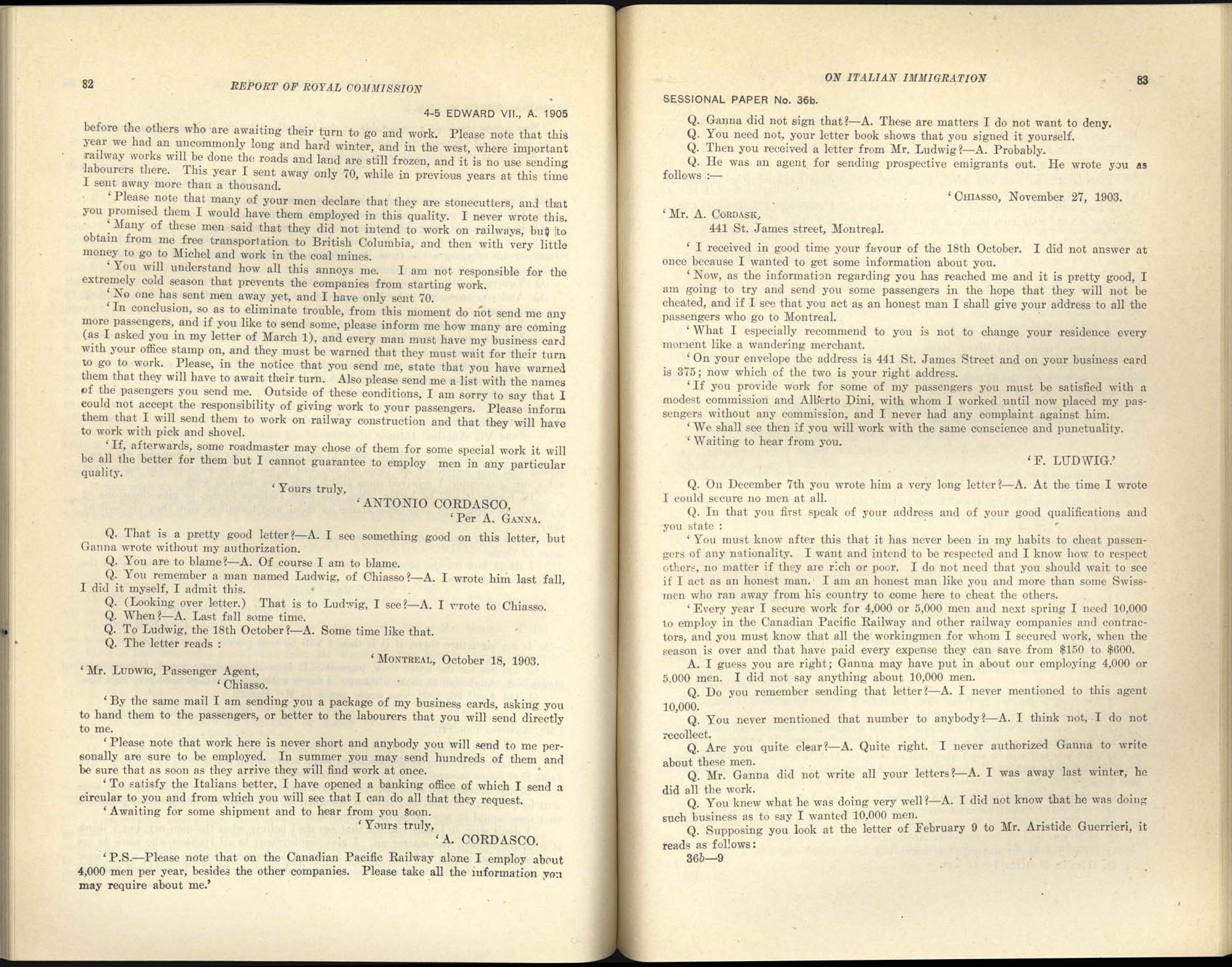 Page 82, 83 Commission royale sur l’immigration italienne, 1904-1905