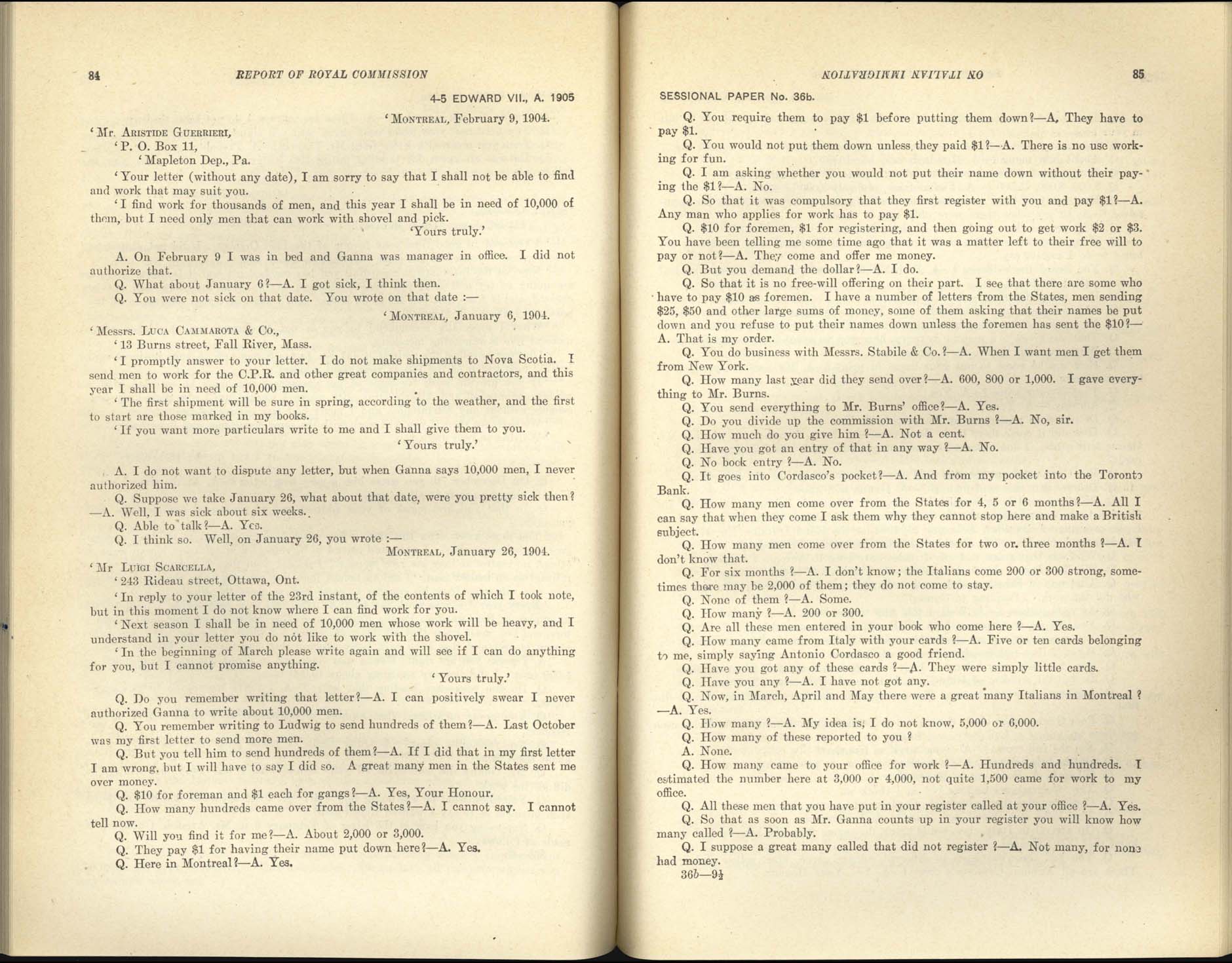 Page 84, 85 Commission royale sur l’immigration italienne, 1904-1905