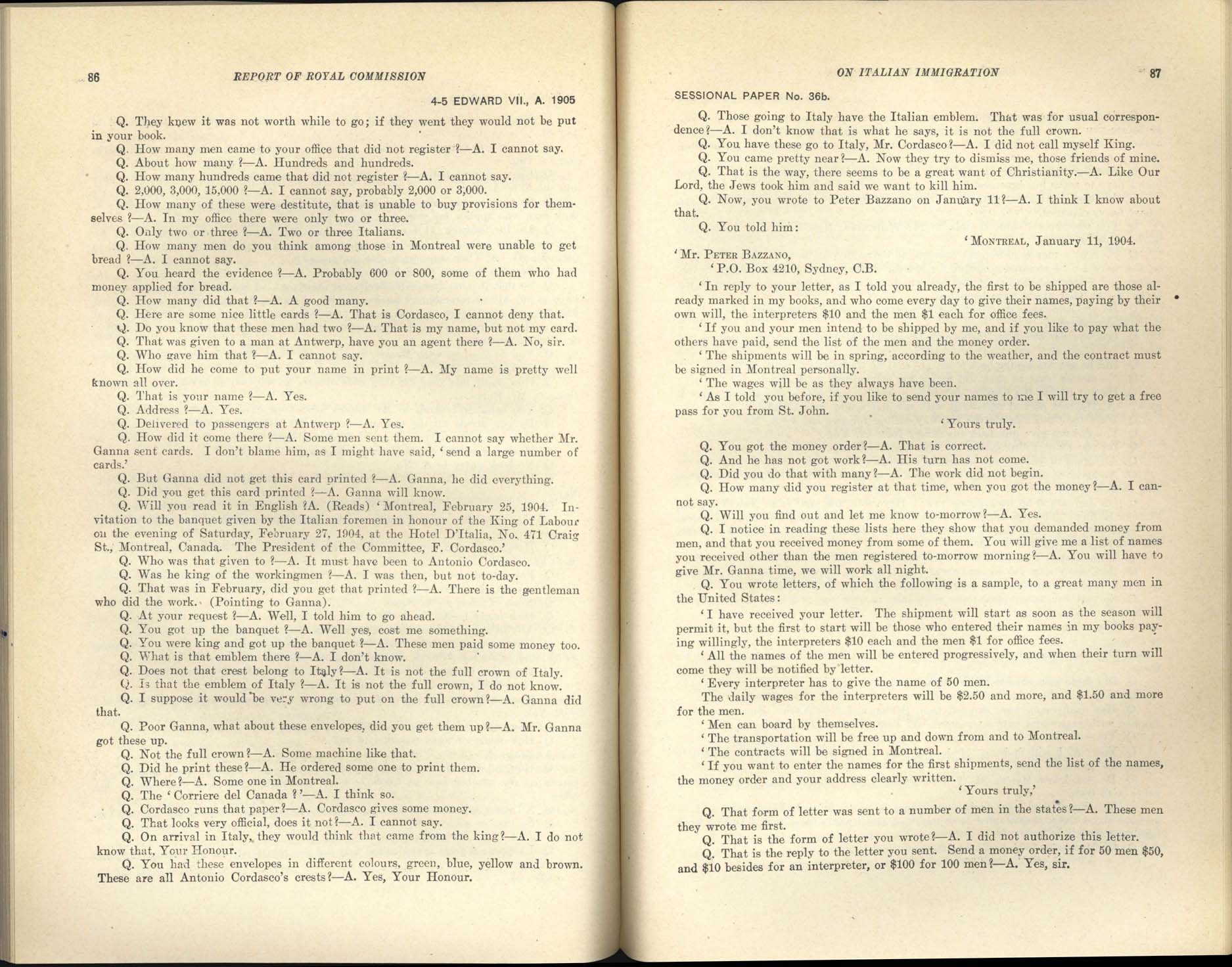 Page 86, 87 Commission royale sur l’immigration italienne, 1904-1905