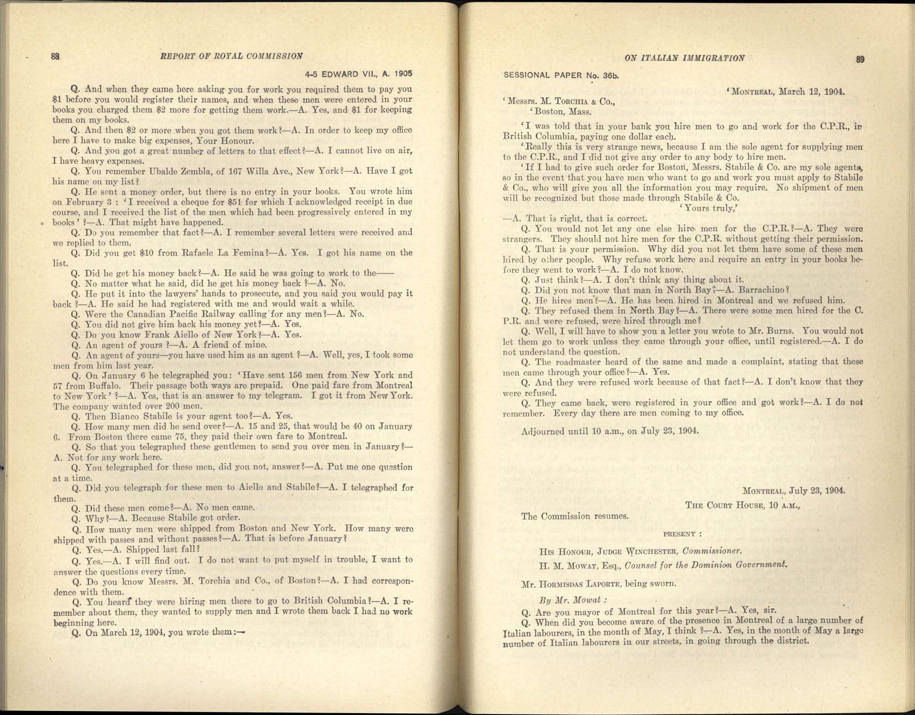 Page 88, 89 Commission royale sur l’immigration italienne, 1904-1905