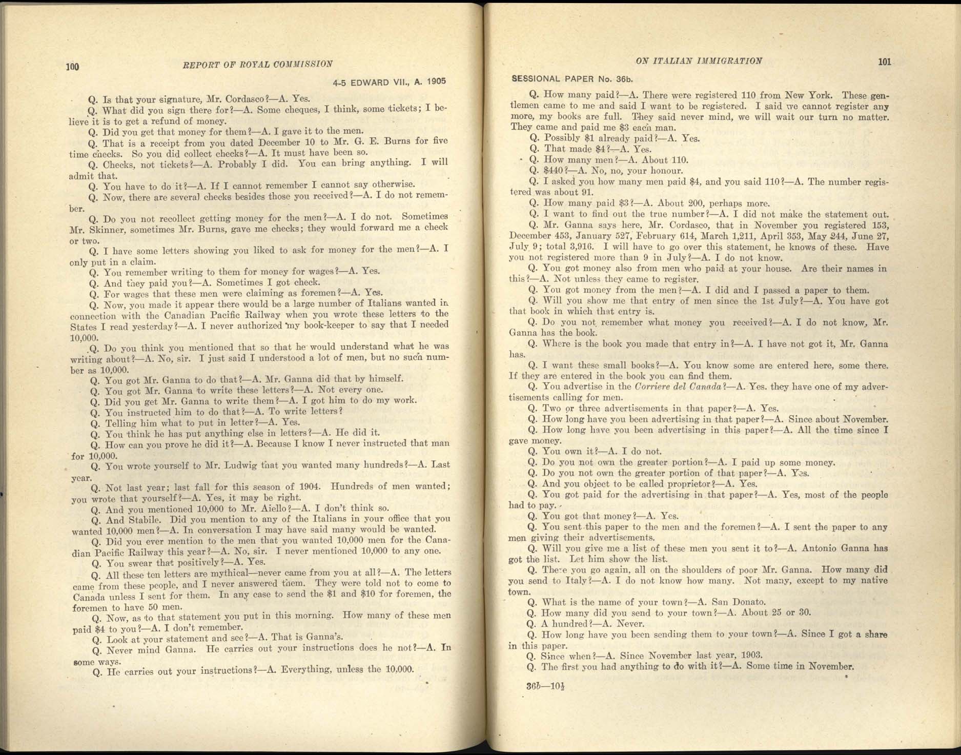 Page 100, 101 Commission royale sur l’immigration italienne, 1904-1905