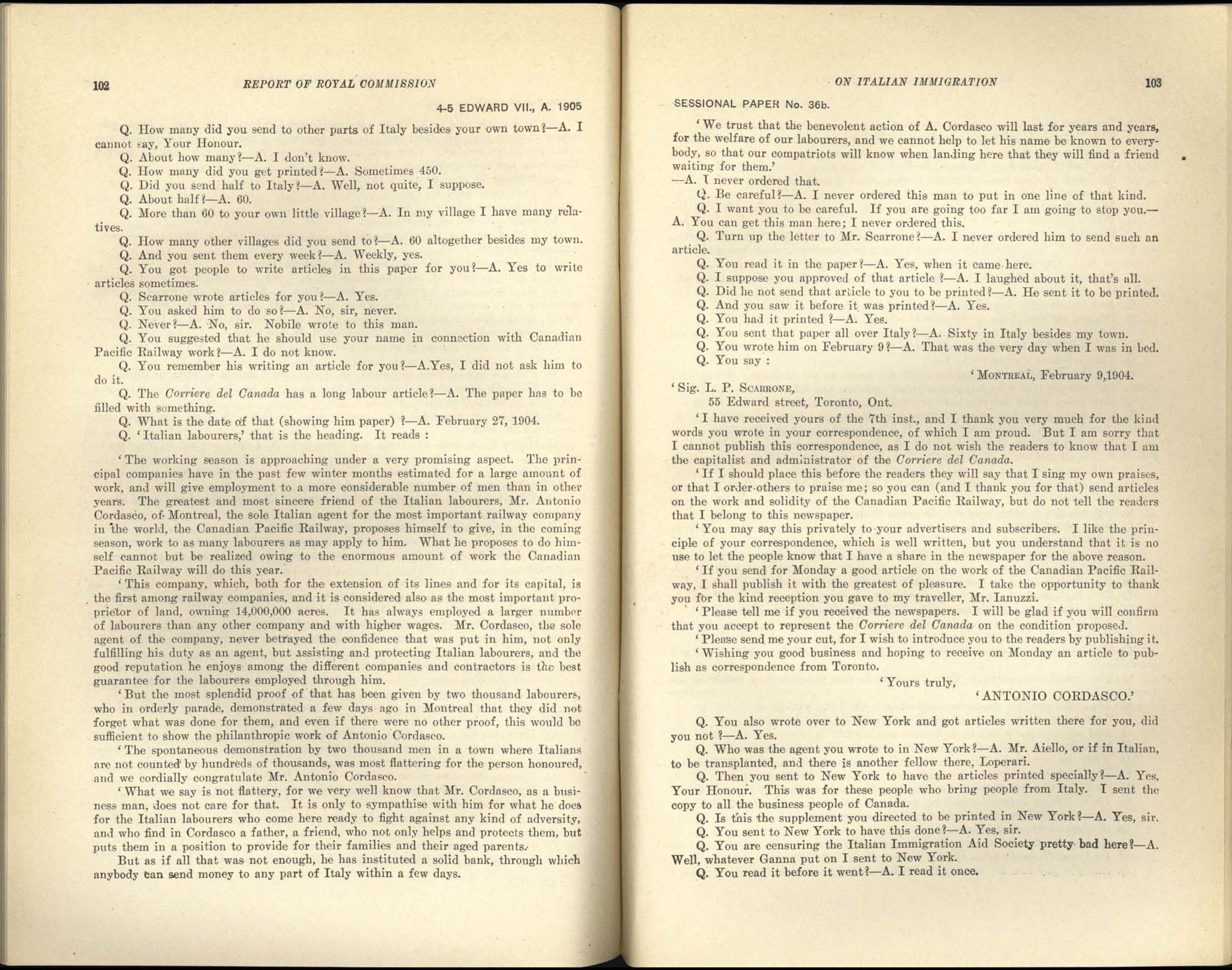 Page 102, 103 Commission royale sur l’immigration italienne, 1904-1905